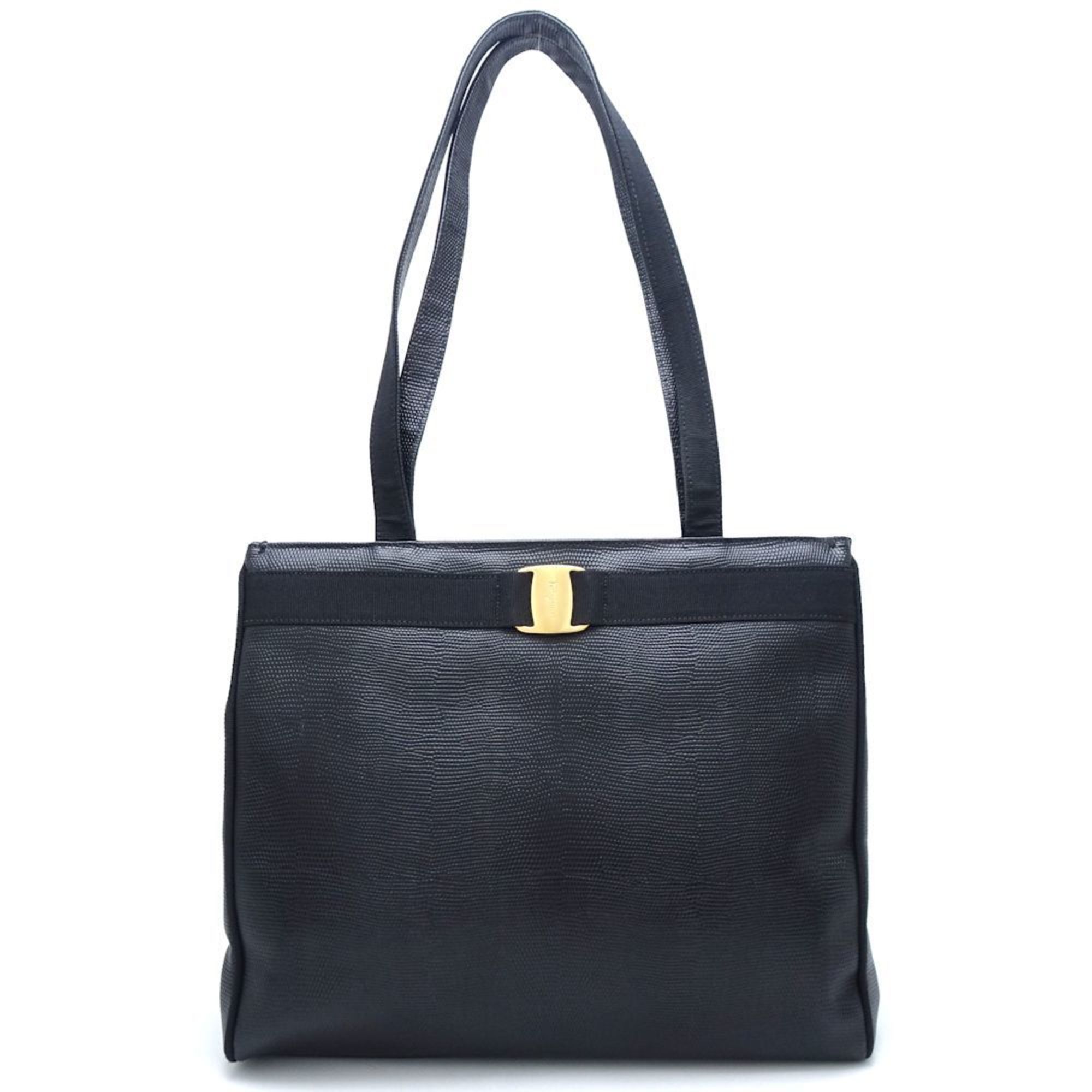 Salvatore Ferragamo Vara Tote Bag in Embossed Leather, Black 351416