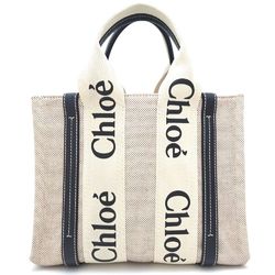 Chloé Chloe Woody Small Tote CHC21US385E6691J Handbag Linen x Calfskin White Blue 351378