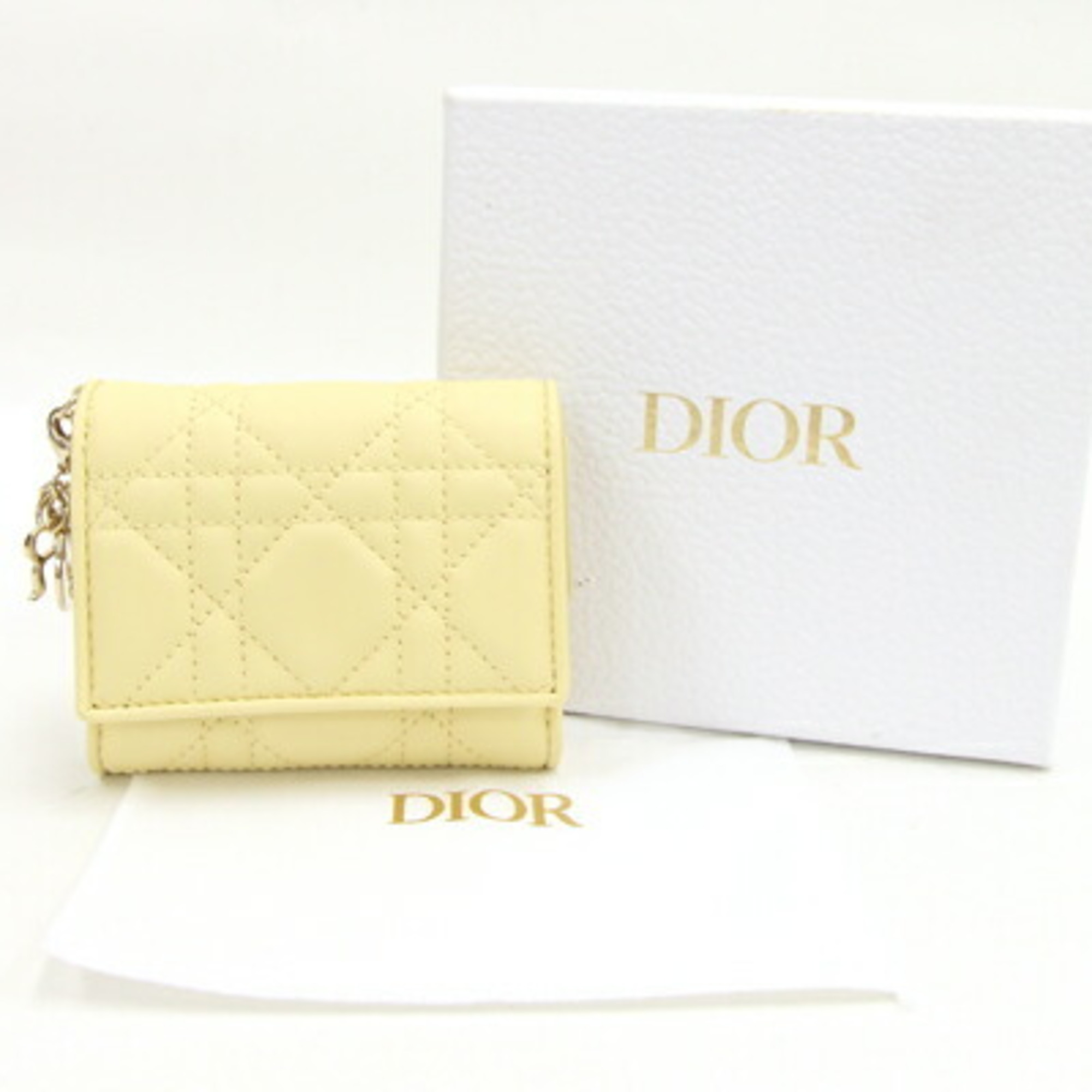 Christian Dior Dior Tri-fold Wallet Lady Lotus S0181ONMJ Yellow Leather Compact Women's Christian