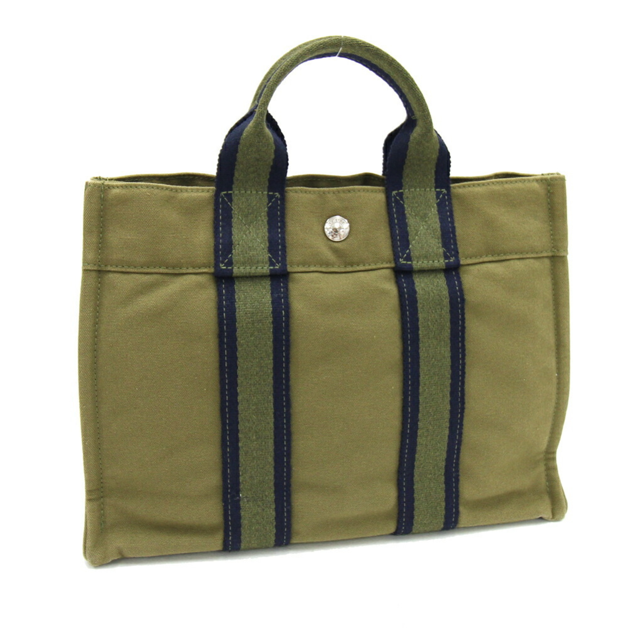 Hermes Handbag Foule Tote PM Olive Navy Cotton Canvas Hand Women Men Unisex HERMES