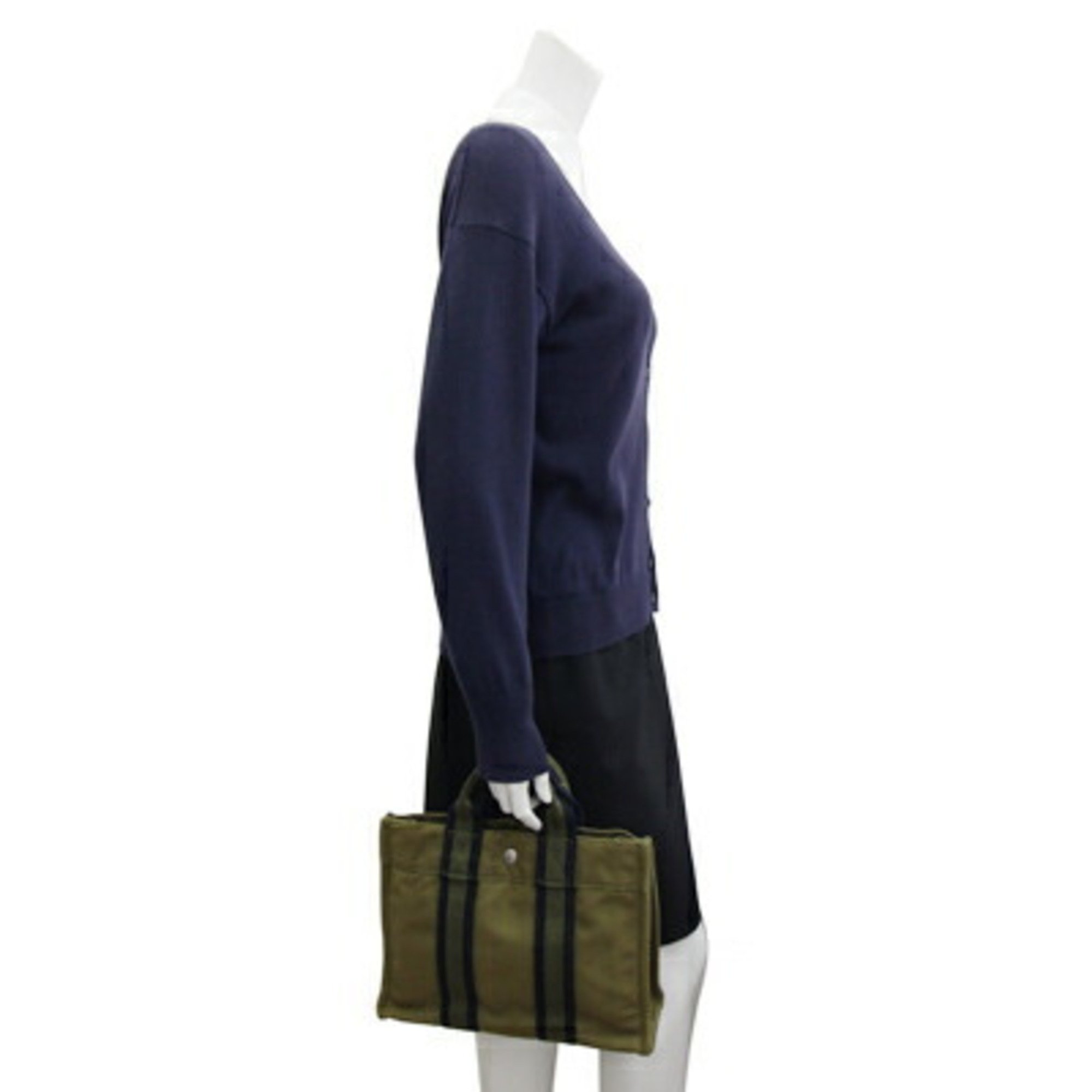 Hermes Handbag Foule Tote PM Olive Navy Cotton Canvas Hand Women Men Unisex HERMES