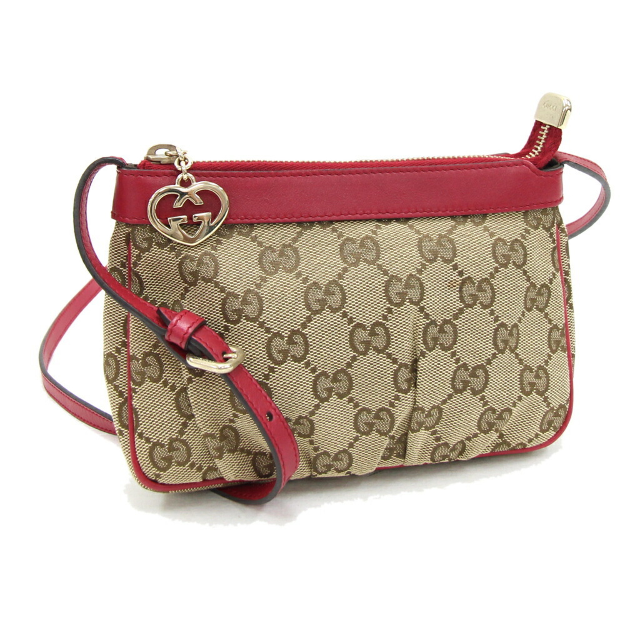 Gucci Shoulder Bag GG 256899 Beige Red Canvas Leather Pochette Small Women's Heart Charm GUCCI