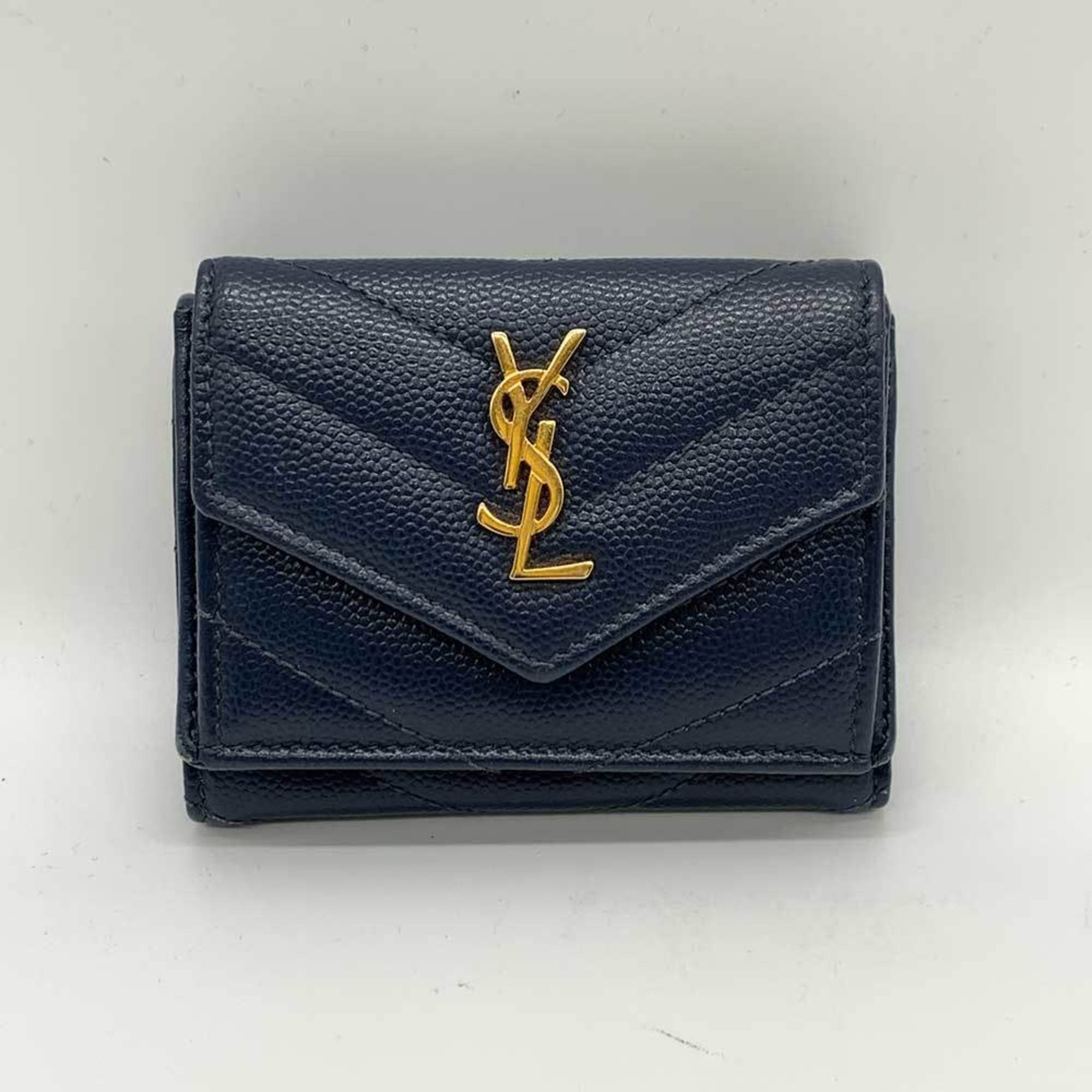 Saint Laurent Tiny Wallet Navy Blue Tri-fold Small Compact Monogram V Stitch YSL Women's Leather 505118 SAINTLAURENT