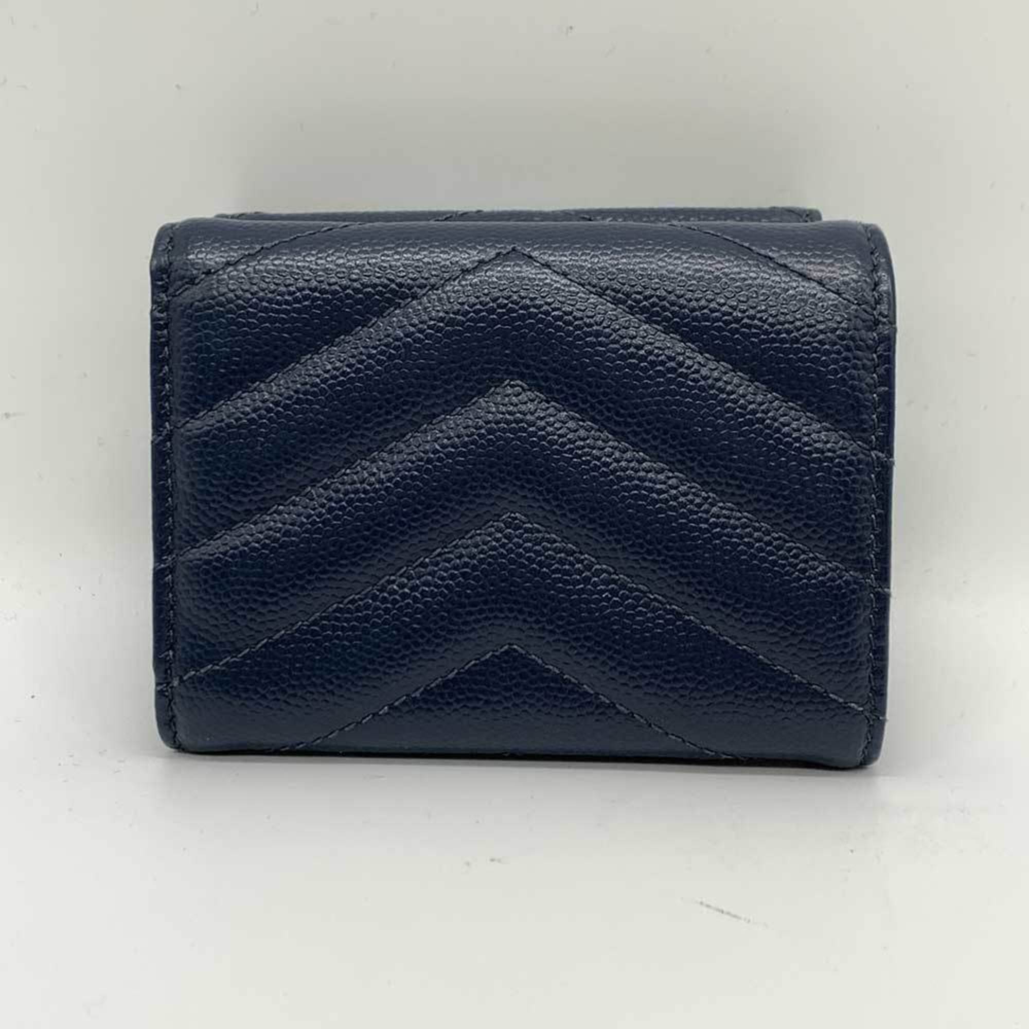 Saint Laurent Tiny Wallet Navy Blue Tri-fold Small Compact Monogram V Stitch YSL Women's Leather 505118 SAINTLAURENT