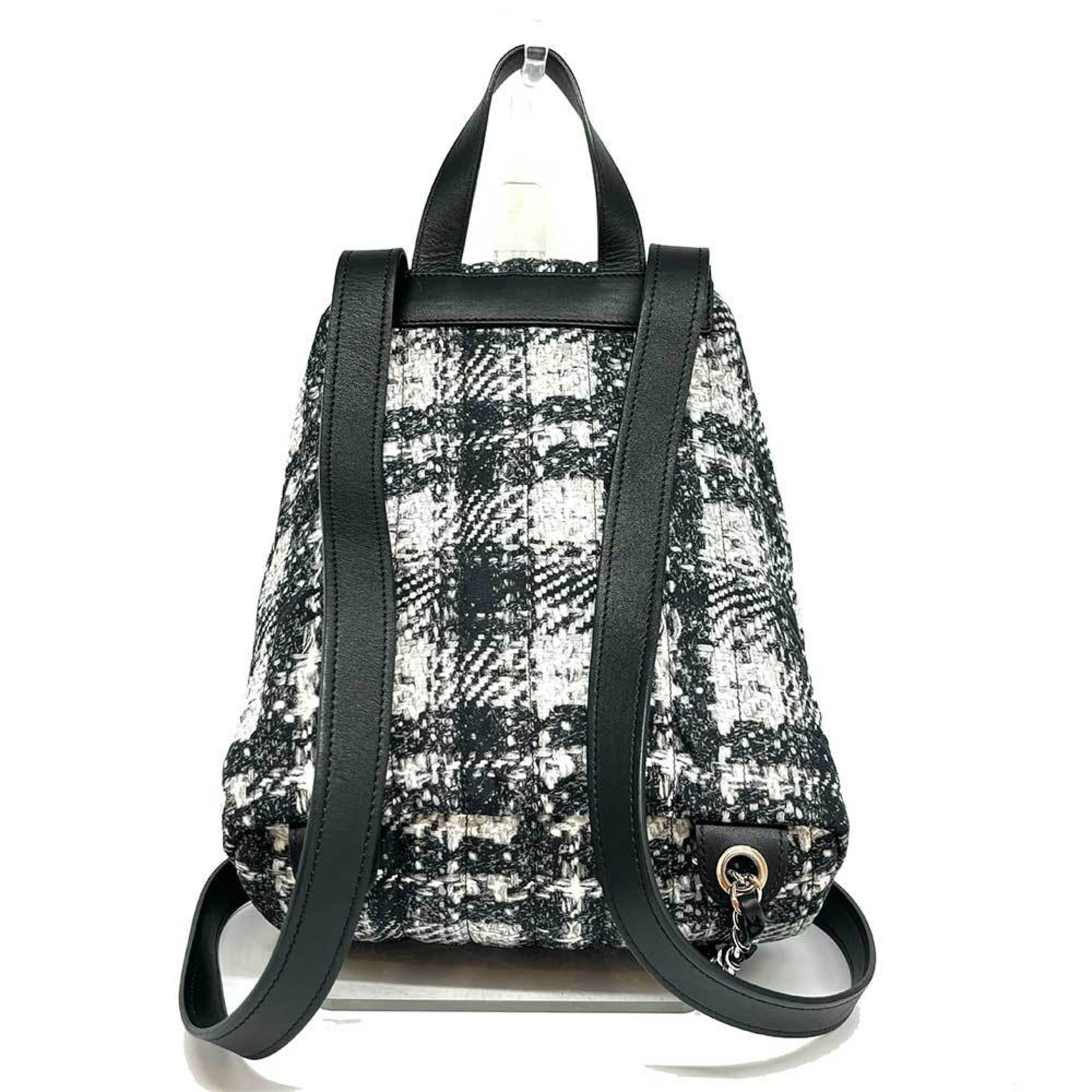 Chanel Backpack Coco Mark Nylon Tweed Pattern Black x White Silver CHANEL