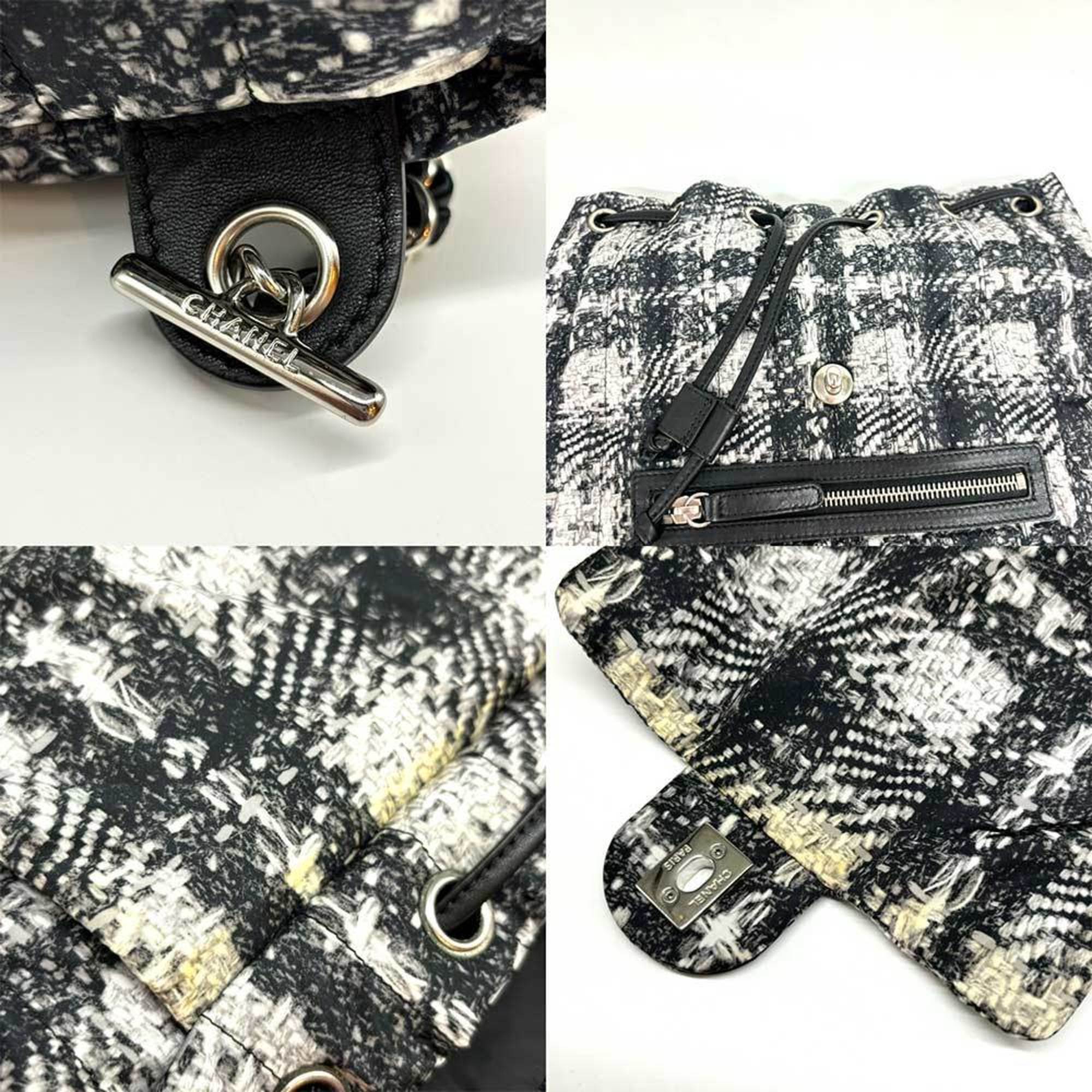 Chanel Backpack Coco Mark Nylon Tweed Pattern Black x White Silver CHANEL