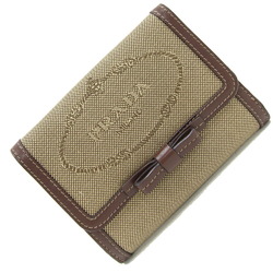 Prada Bi-fold Wallet 1MH523 Beige Brown Canvas Leather Compact Ribbon Women's PRADA