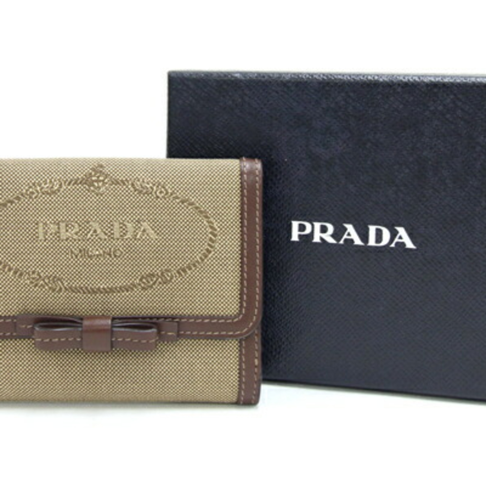 Prada Bi-fold Wallet 1MH523 Beige Brown Canvas Leather Compact Ribbon Women's PRADA