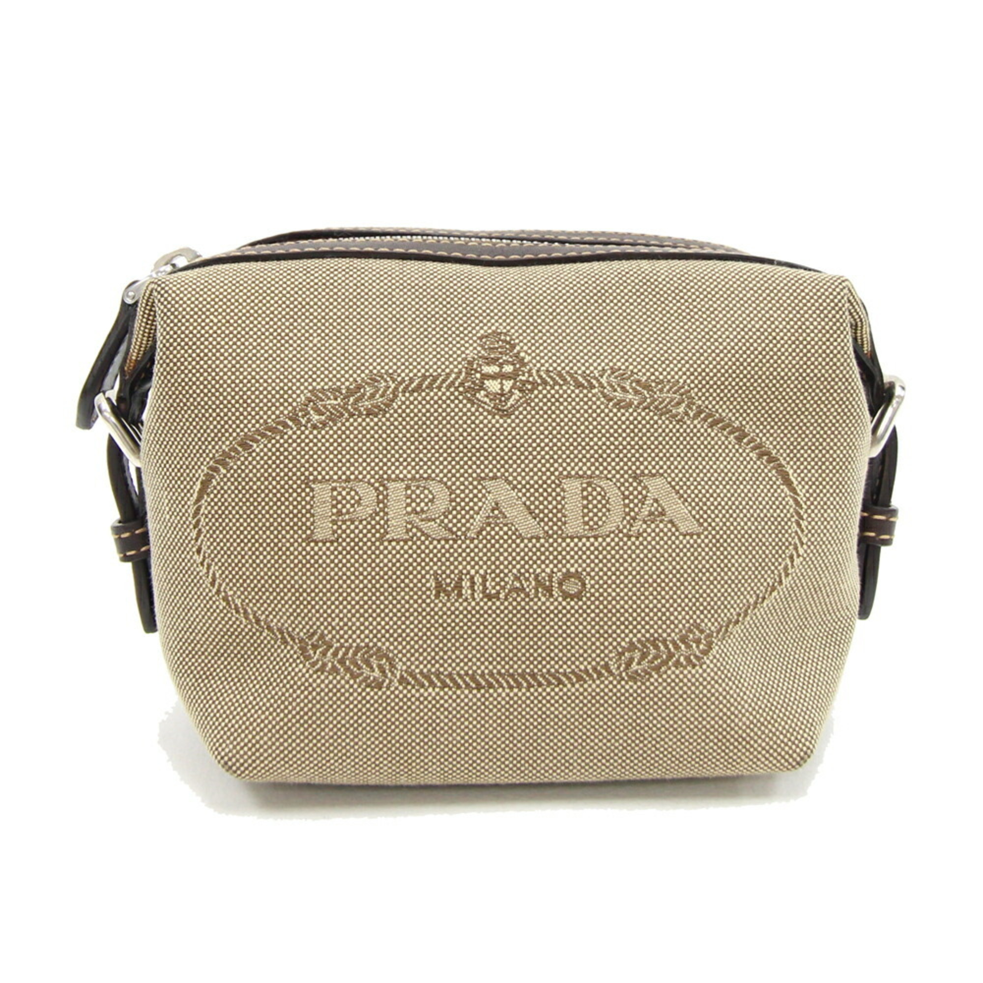 Prada Pouch 1N1298 Beige Dark Brown Jacquard Canvas Leather Women's PRADA