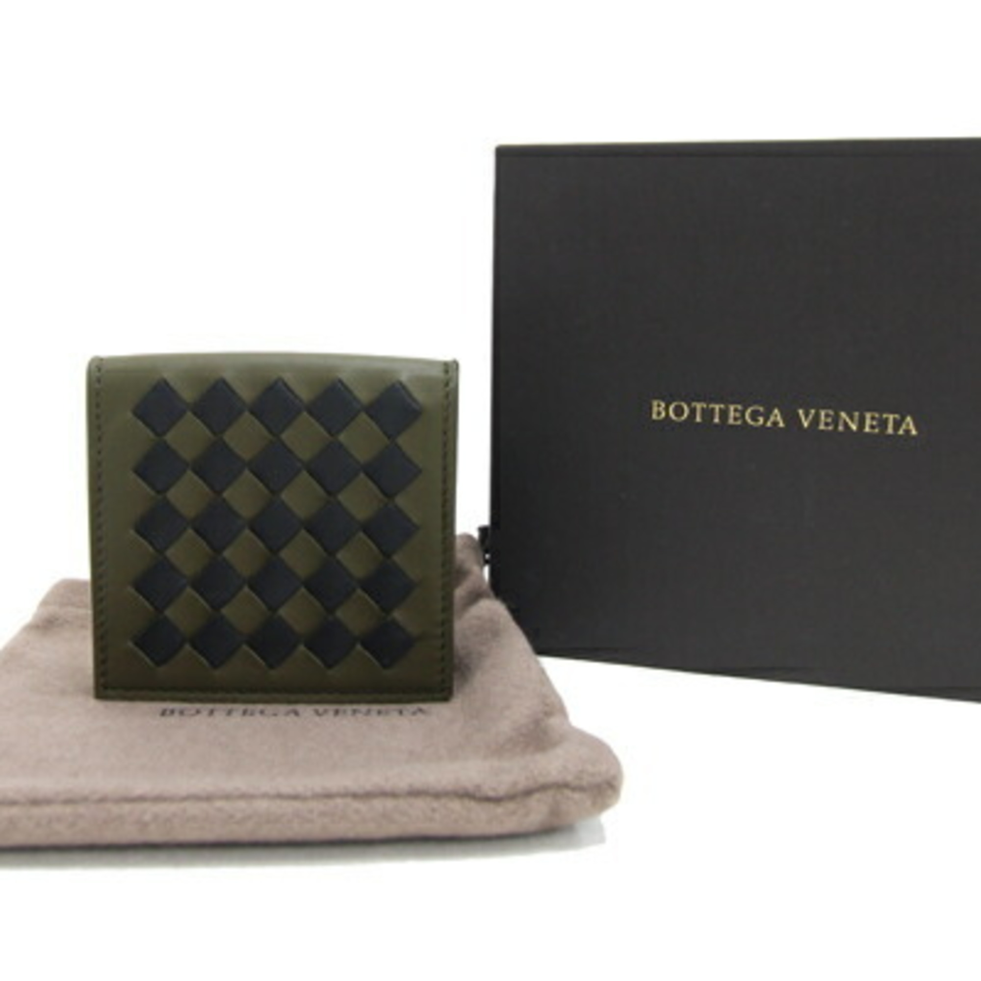 Bottega Veneta Coin Case Intrecciato 596579 Khaki Black Leather Purse Green Wallet Men's BOTTEGA VENETA