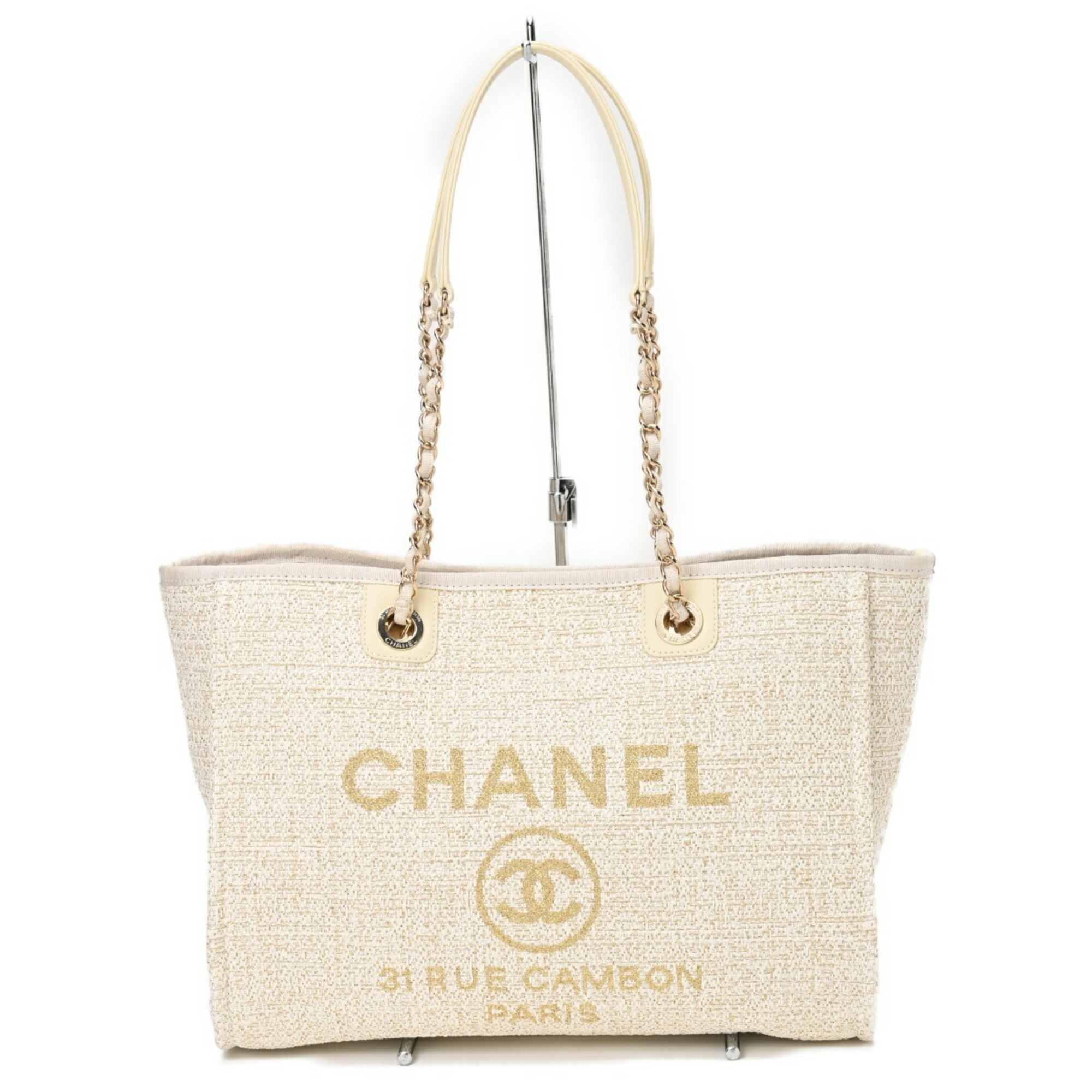 CHANEL Deauville MM Medium Chain Tote Bag A67001 Straw Canvas/Leather White/Gold B-156016