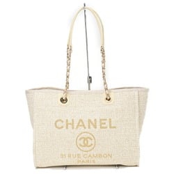 CHANEL Deauville MM Medium Chain Tote Bag A67001 Straw Canvas/Leather White/Gold B-156016