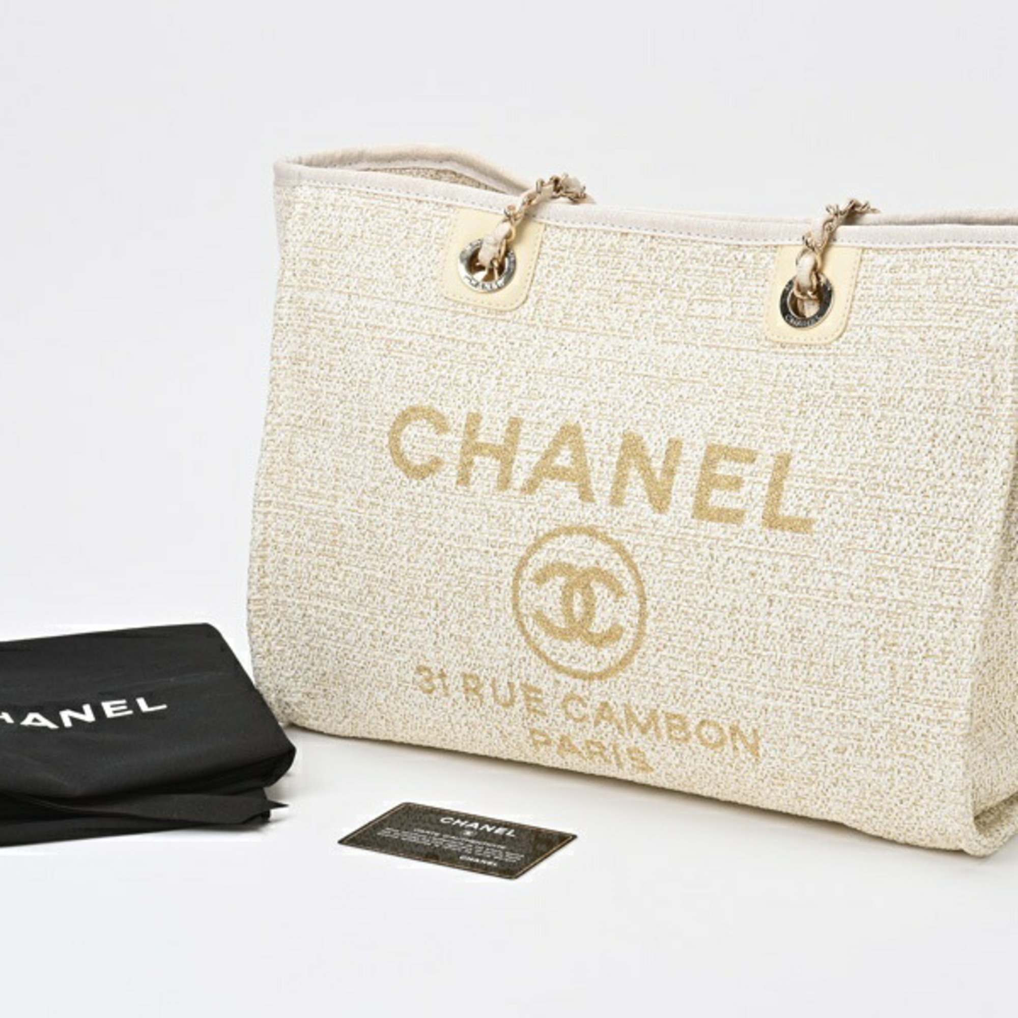 CHANEL Deauville MM Medium Chain Tote Bag A67001 Straw Canvas/Leather White/Gold B-156016