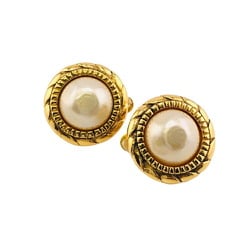 CHANEL 2402 Faux Pearl Earrings Gold Women's