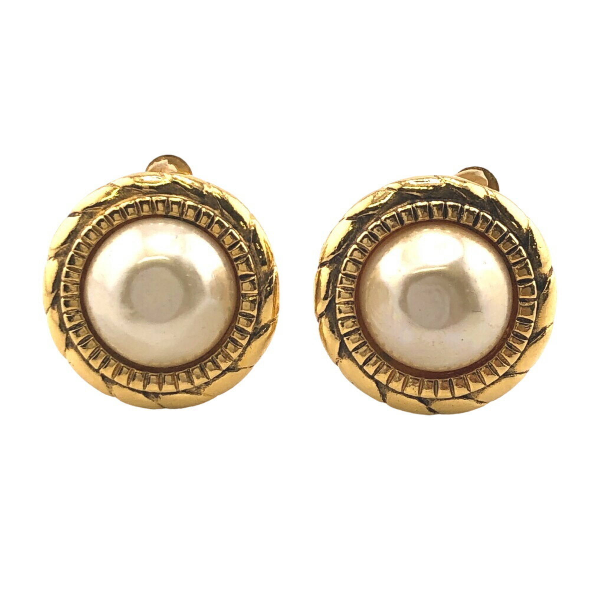 CHANEL 2402 Faux Pearl Earrings Gold Women's