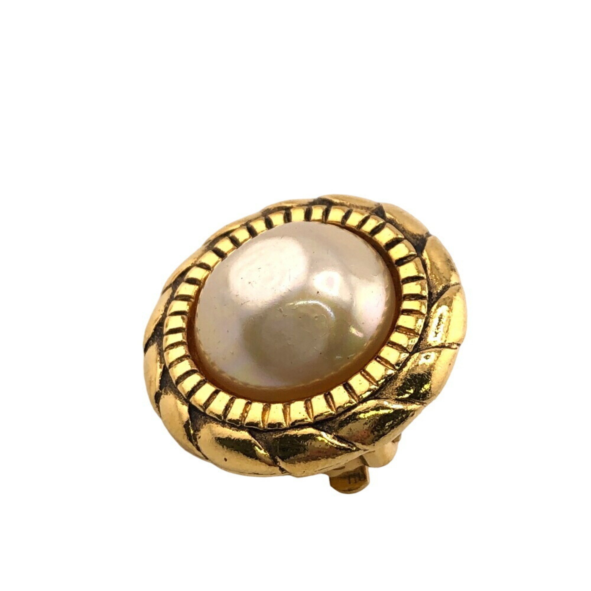 CHANEL 2402 Faux Pearl Earrings Gold Women's