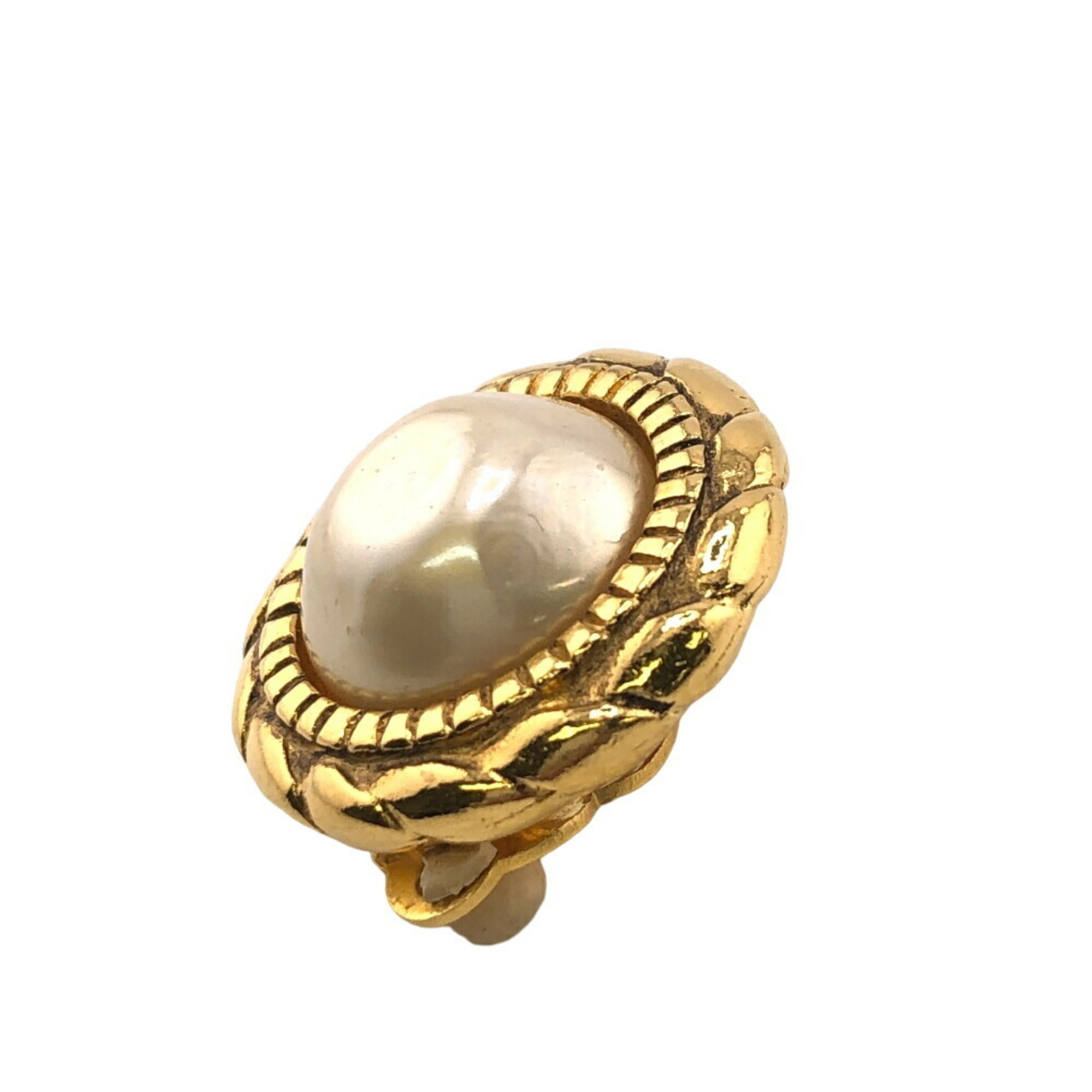 CHANEL 2402 Faux Pearl Earrings Gold Women's