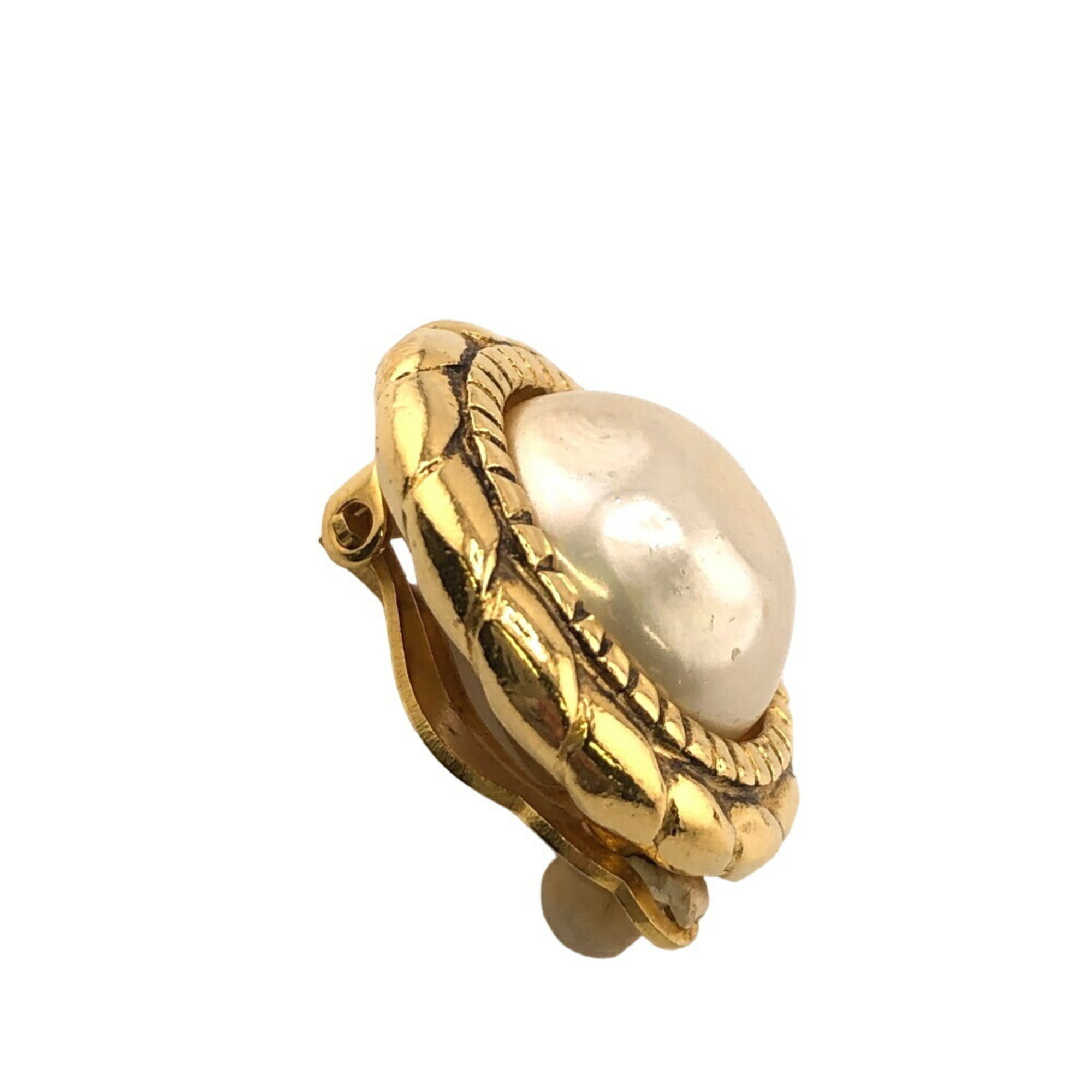 CHANEL 2402 Faux Pearl Earrings Gold Women's