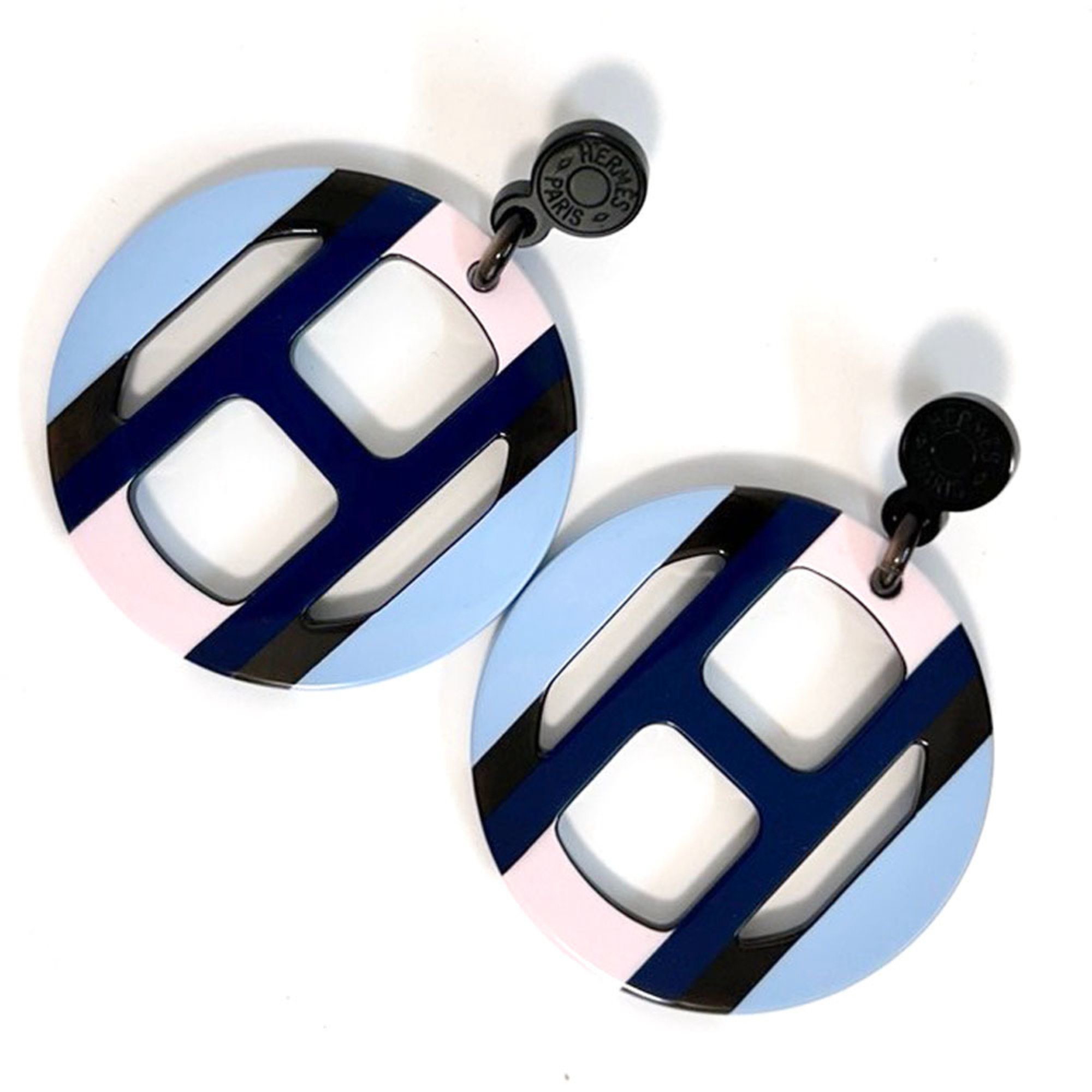 Hermes HERMES H Equipe Buffalo Horn Earrings Blue Pink Lacquer S Stud Women's