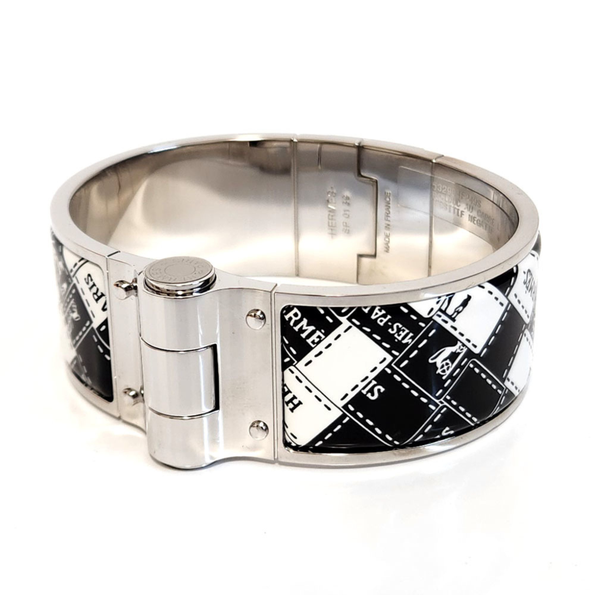 Hermes Chanier Bangle GM Silver White Black Metal Bracelet for Women