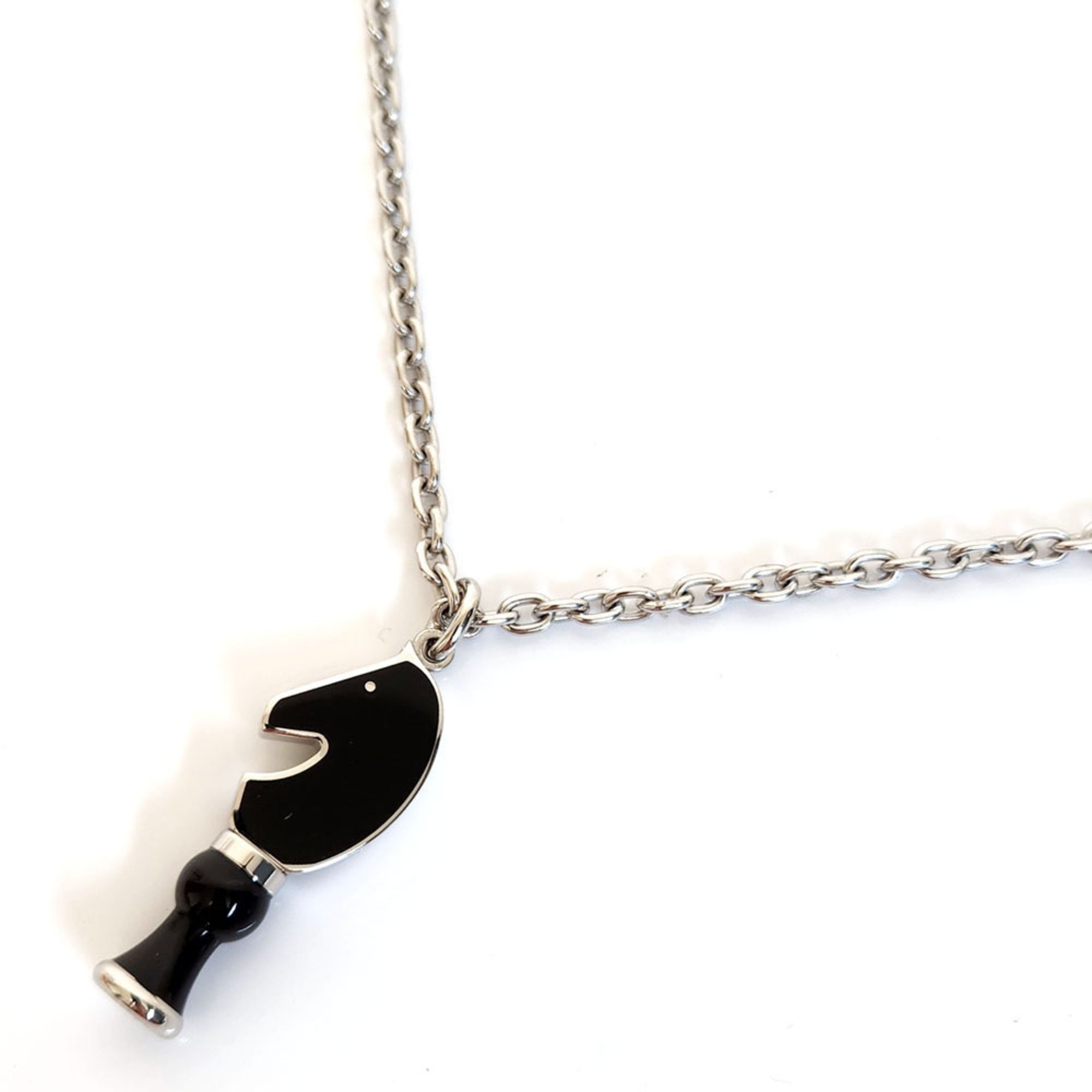 Hermes Cavalier Necklace Black Silver Metal S Pendant for Men and Women