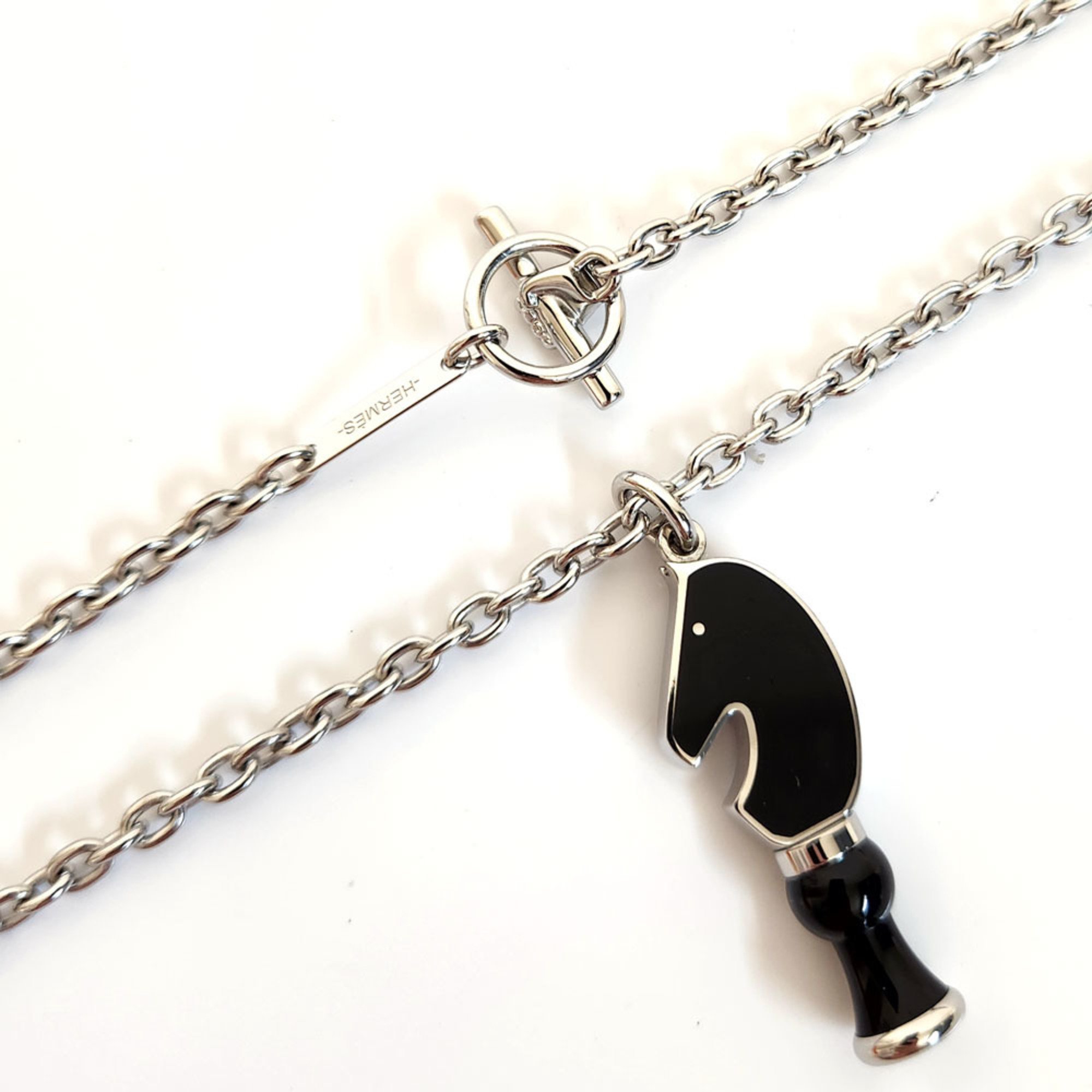 Hermes Cavalier Necklace Black Silver Metal S Pendant for Men and Women