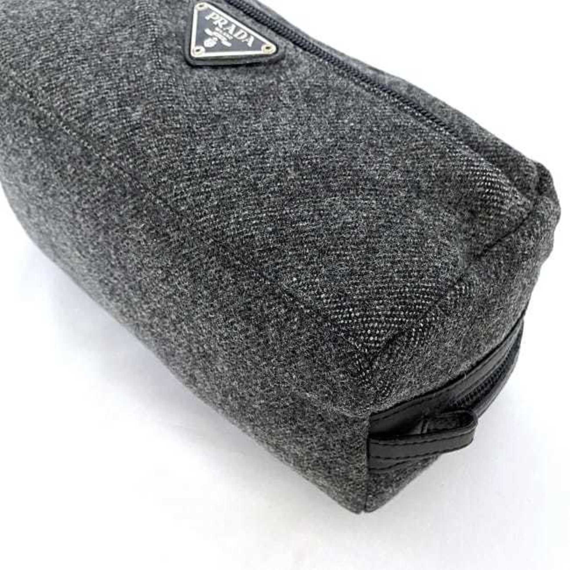 Prada Pouch Grey Tessuto ec-20627 Tweed Wool Nylon PRADA Triangle Plate Women's Men's