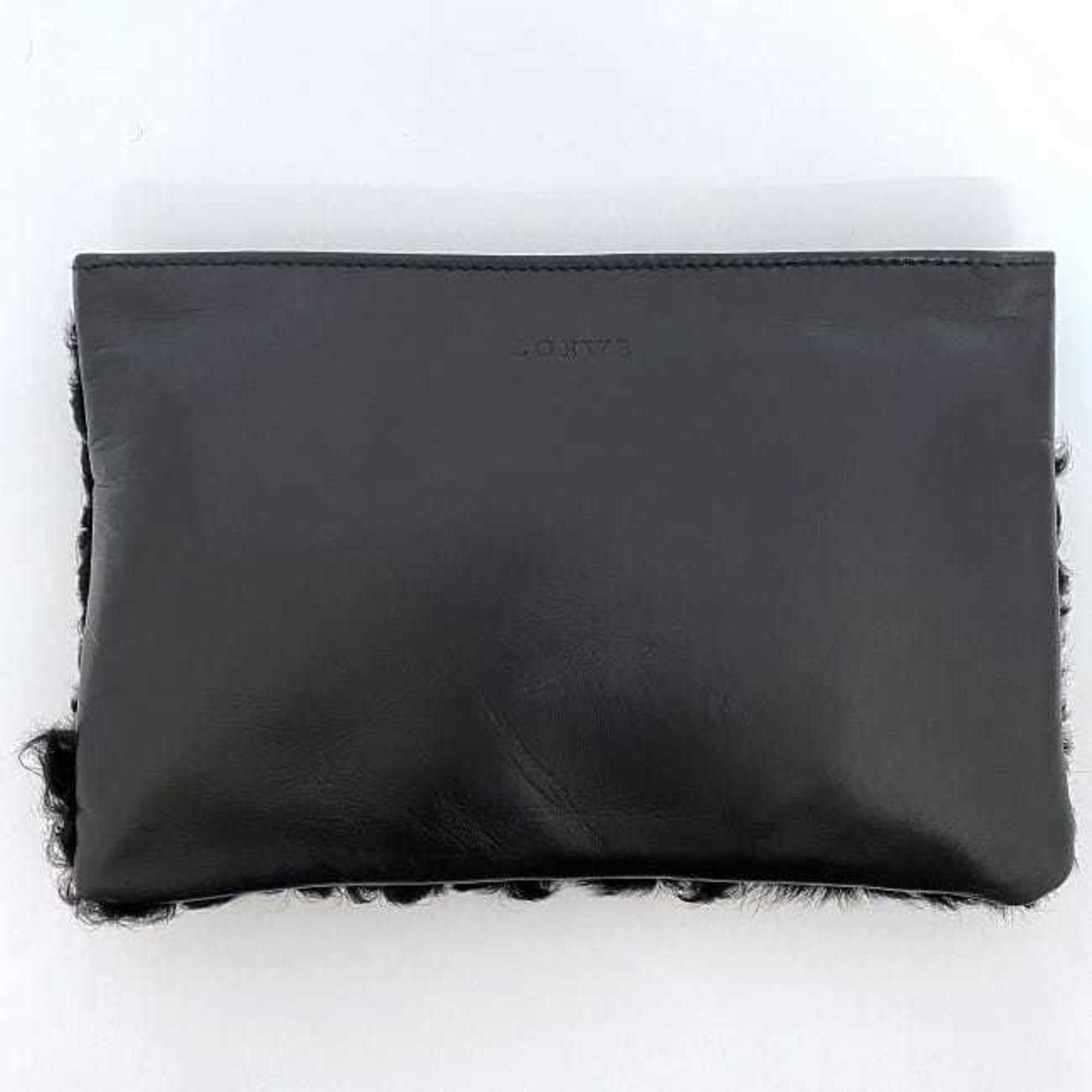 LOEWE Pouch Black ec-20624 Leather Fur Clutch Bag Women's Compact