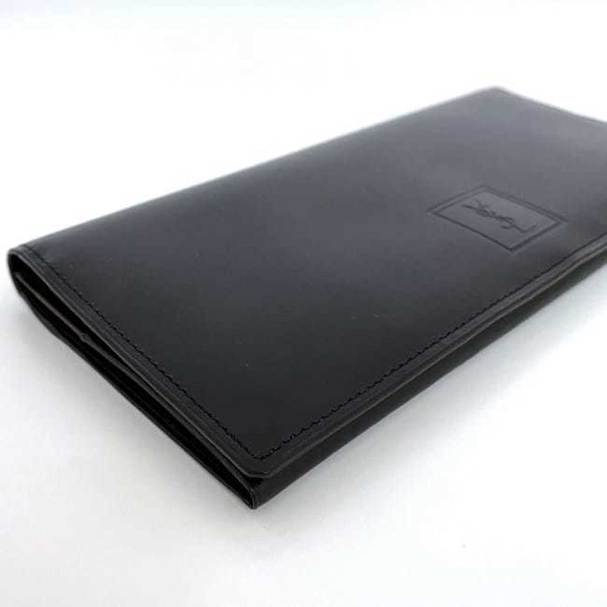 Yves Saint Laurent Bi-fold Long Wallet Black ec-20607 Billfold Leather YVES SAINT LAURENT YSL Men's Retro