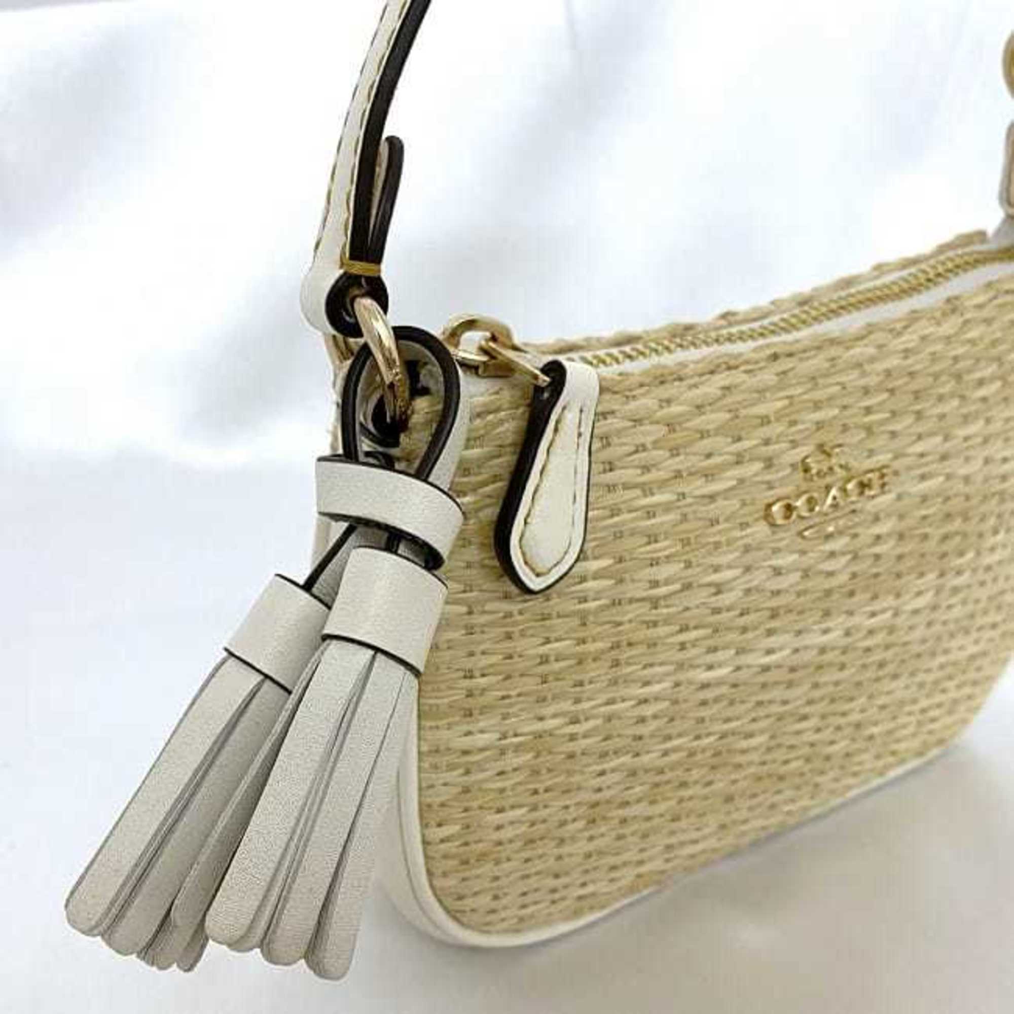 Coach pouch beige white CH215 ec-20663 straw leather COACH tassel compact