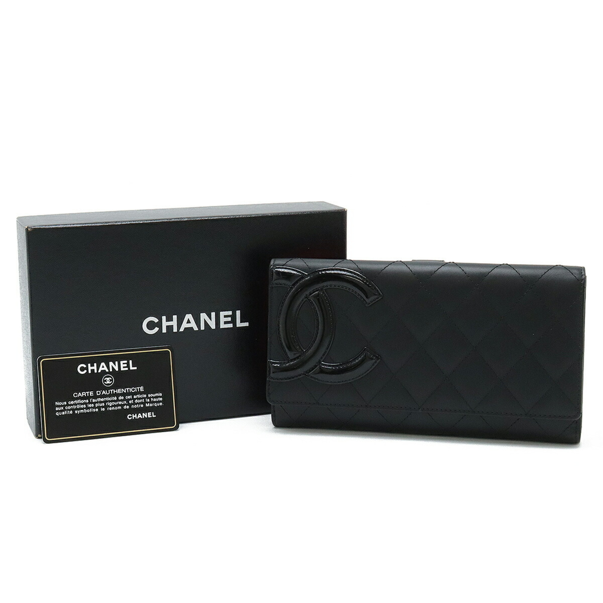 CHANEL Cambon Line Coco Mark W Long Wallet Double Bi-fold Leather Enamel Black Pink 6643