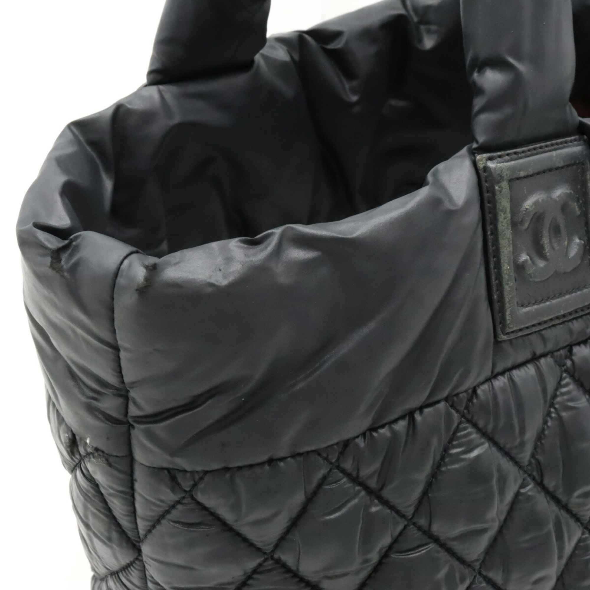 CHANEL Coco Cocoon Small Tote Bag Handbag Quilted Nylon Leather Black 8610