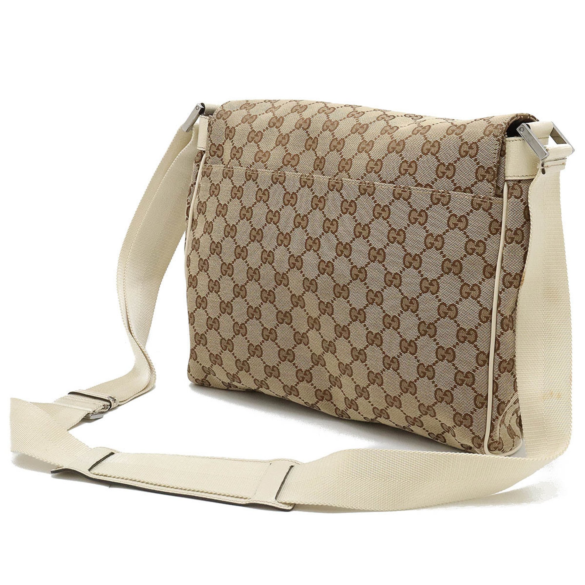 GUCCI GG canvas shoulder bag, leather, khaki beige, ivory, white, 146236