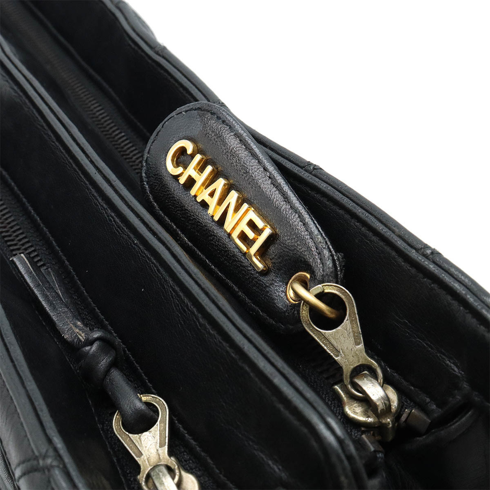 CHANEL Bicolor Chain Tote Bag Shoulder Leather Black