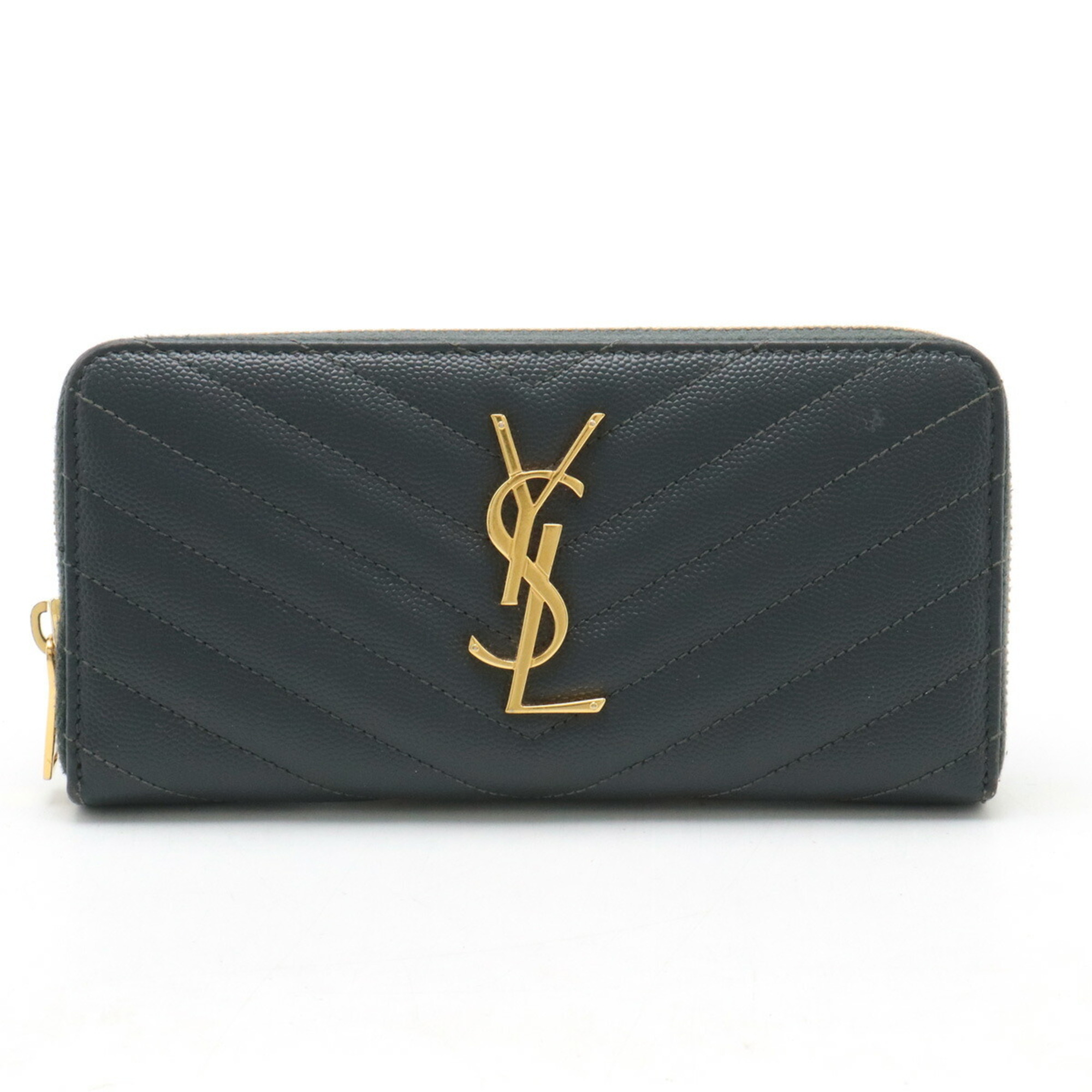 SAINT LAURENT PARIS YSL Yves Saint Laurent Monogram Round Long Wallet Leather Grey 358094