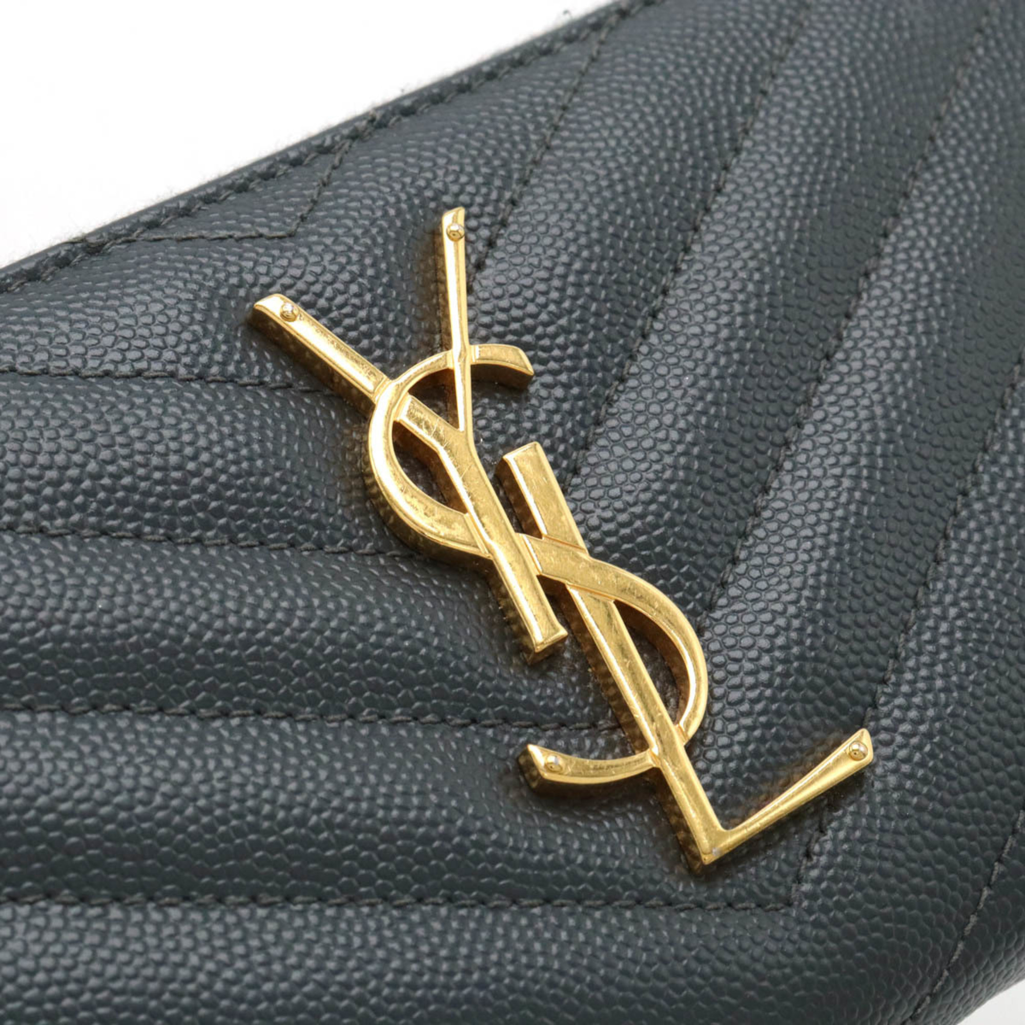 SAINT LAURENT PARIS YSL Yves Saint Laurent Monogram Round Long Wallet Leather Grey 358094