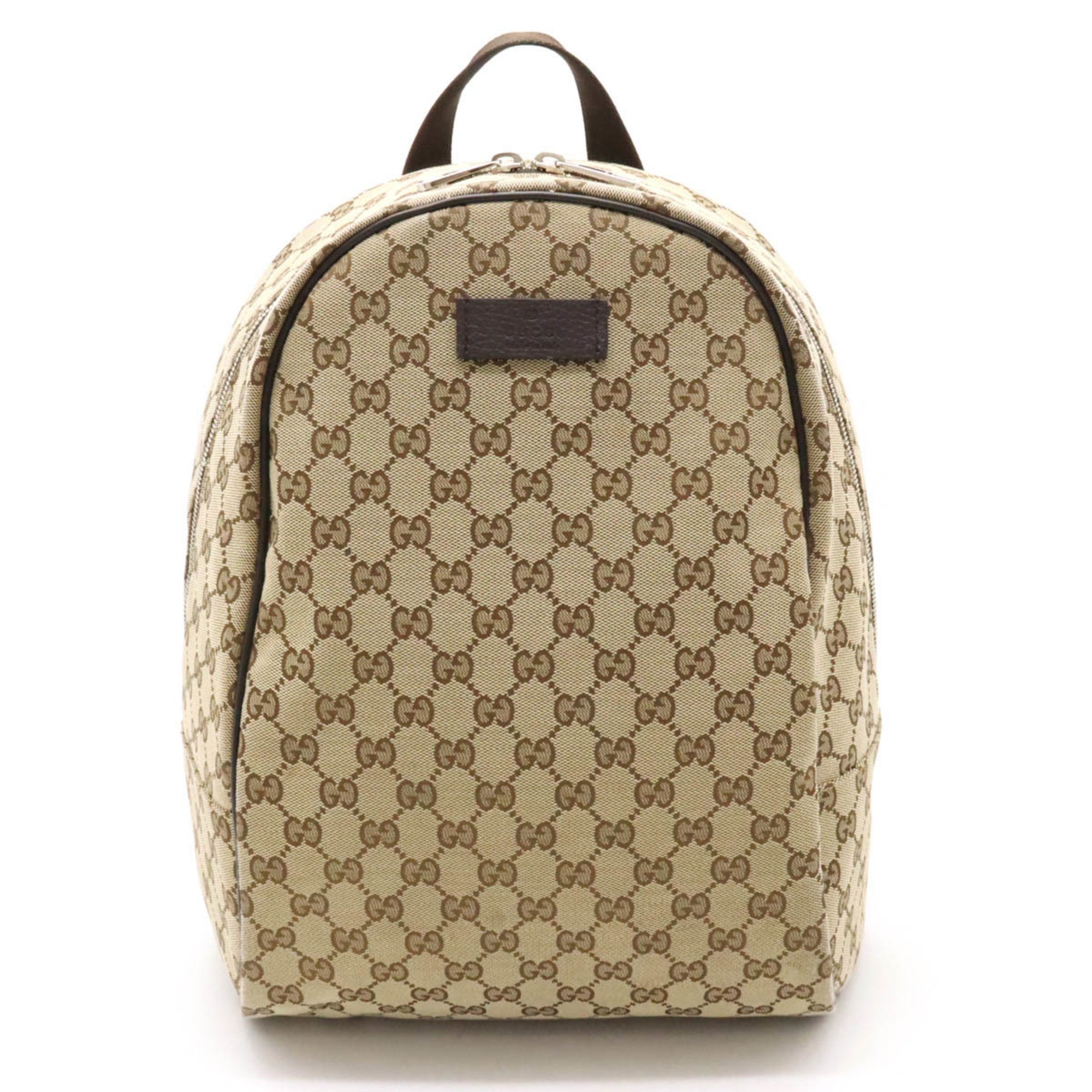 GUCCI GG Canvas Rucksack Backpack Daypack Leather Khaki Beige Dark Brown 449906