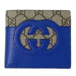 Gucci Men's Bi-fold Wallet GG Supreme Cutout Interlocking G Coin Blue Beige Brown 701417 Compact