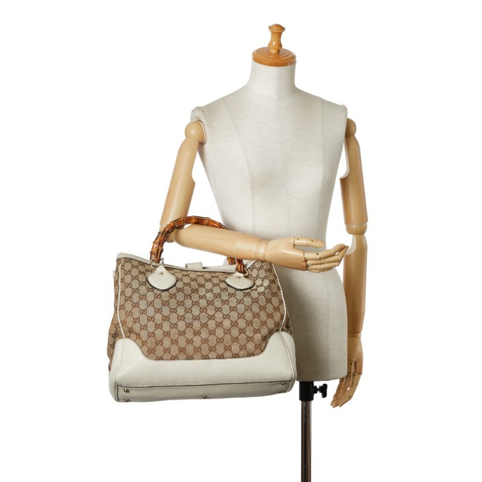 Gucci GG Canvas Bamboo Handbag 282317 Beige White Leather Women's GUCCI