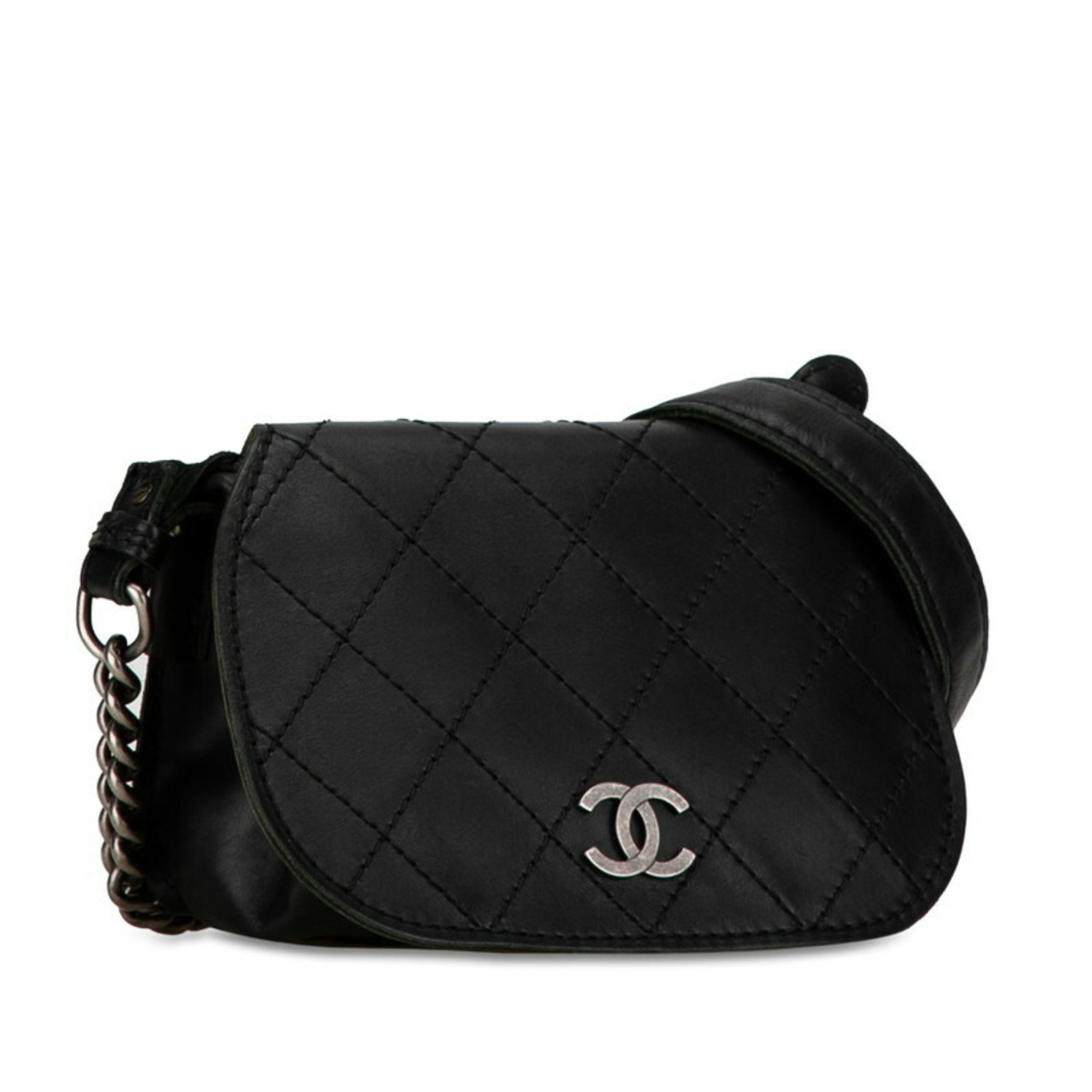 Chanel Coco Mark Chain Shoulder Bag Black Silver Leather Women's CHANEL