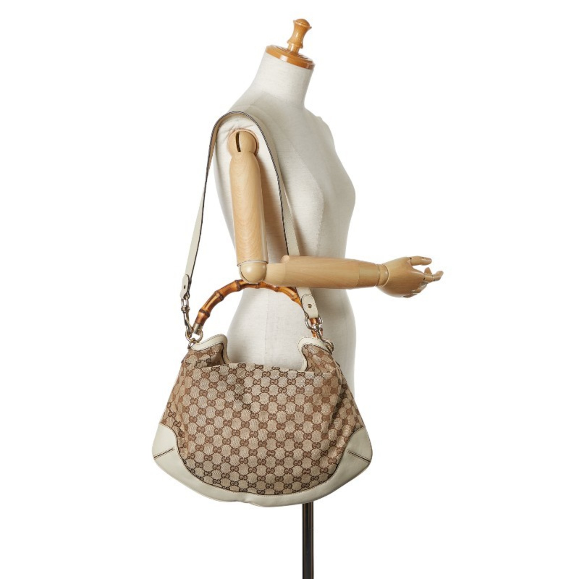 Gucci GG Canvas Bamboo Shoulder Bag Handbag 169961 Beige Ivory White Leather Women's GUCCI