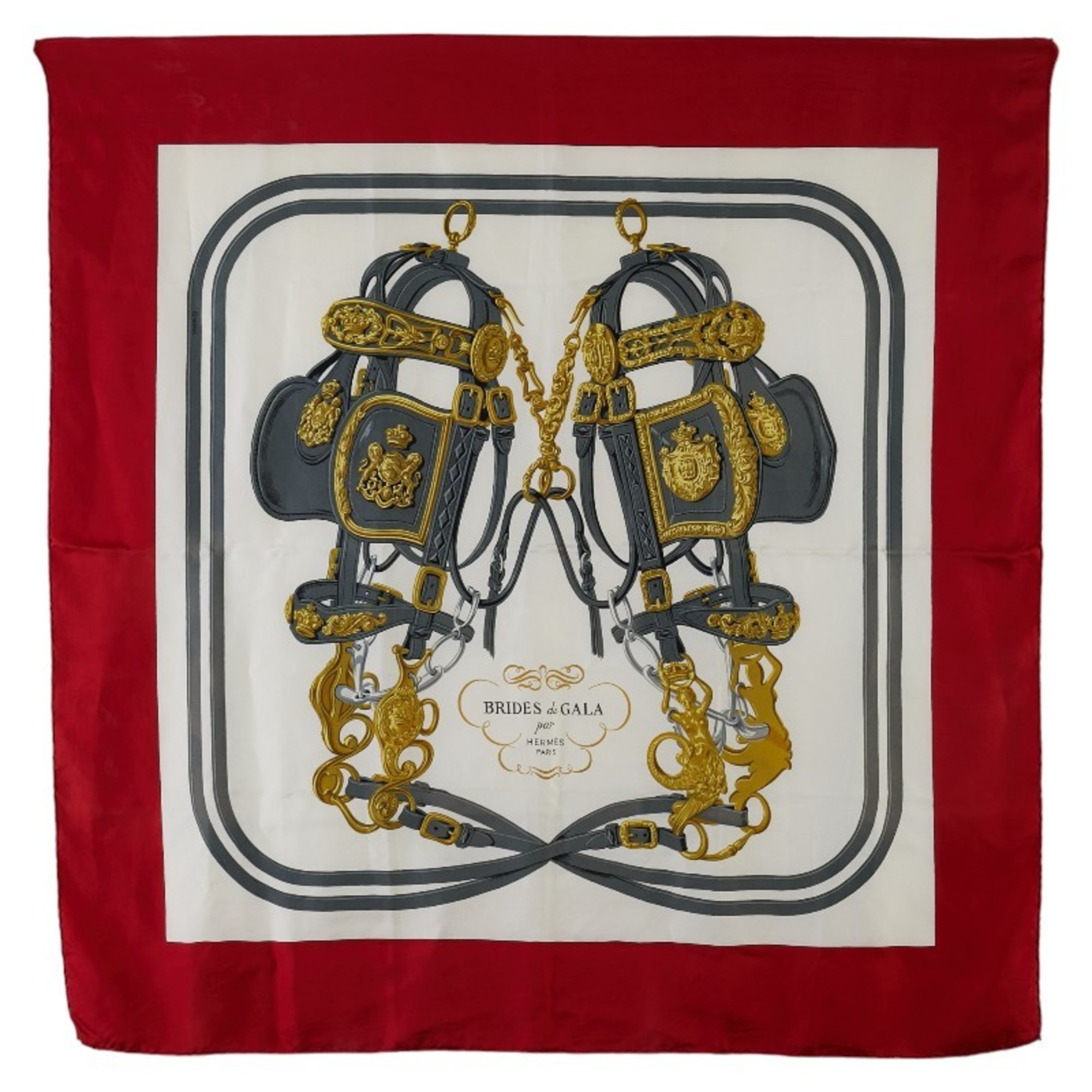 Hermes Carre 90 BRIDES de GALA Ceremonial Bridle Scarf Muffler Red White Silk Women's HERMES