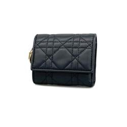 Christian Dior Tri-fold Wallet Cannage Leather Black Champagne Women's
