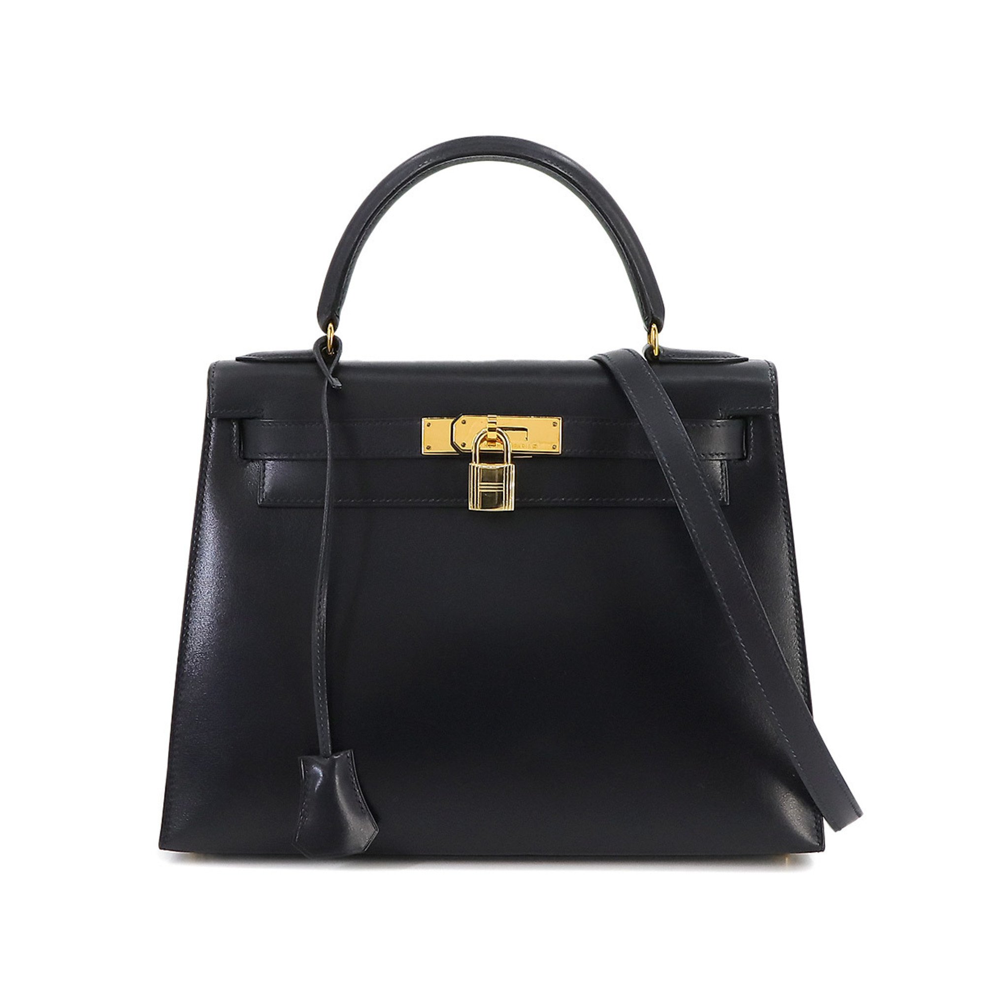 Hermes Kelly 28 2way hand shoulder bag, box calf, blue indigo, 〇Y stamp, outside stitching, gold hardware