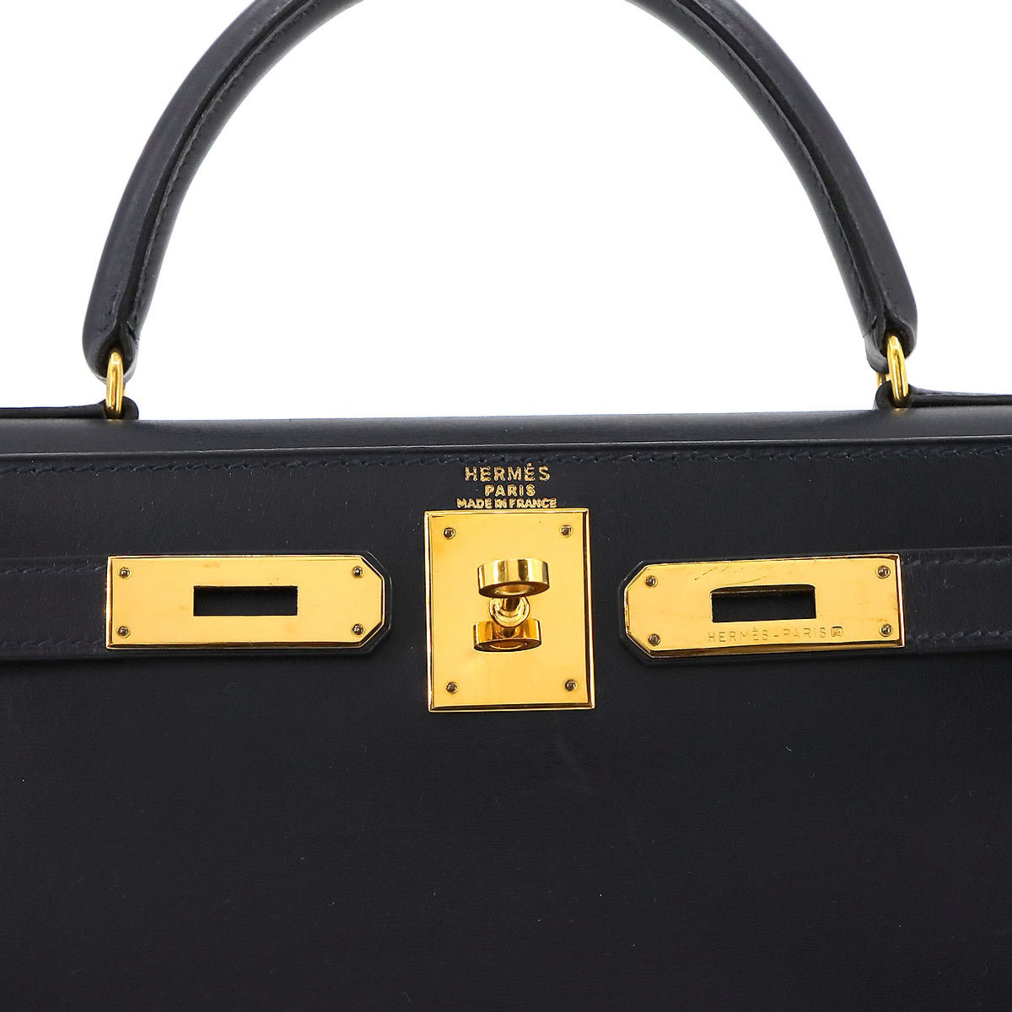 Hermes Kelly 28 2way hand shoulder bag, box calf, blue indigo, 〇Y stamp, outside stitching, gold hardware