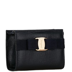 Salvatore Ferragamo Vara Ribbon Embossed Pouch Black Navy Leather Women's