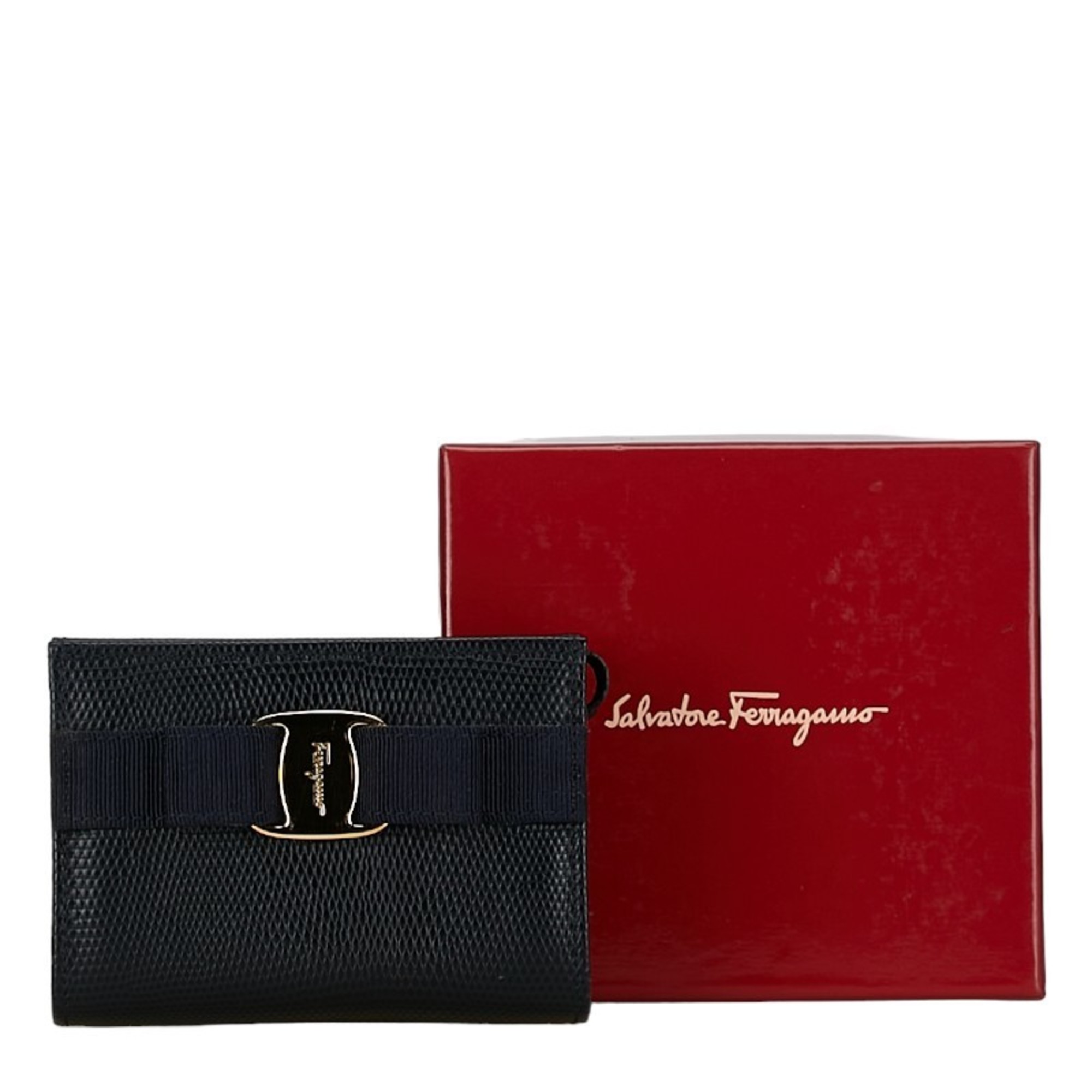 Salvatore Ferragamo Vara Ribbon Embossed Pouch Black Navy Leather Women's