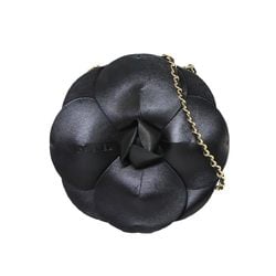 CHANEL Camellia Chain Handbag Satin Leather Black Gold Hardware Bag