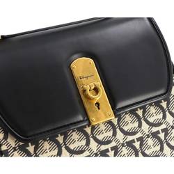 Salvatore Ferragamo Gancini 2way hand shoulder bag leather canvas black grey ivory FZ-21 H849 gold hardware Bag