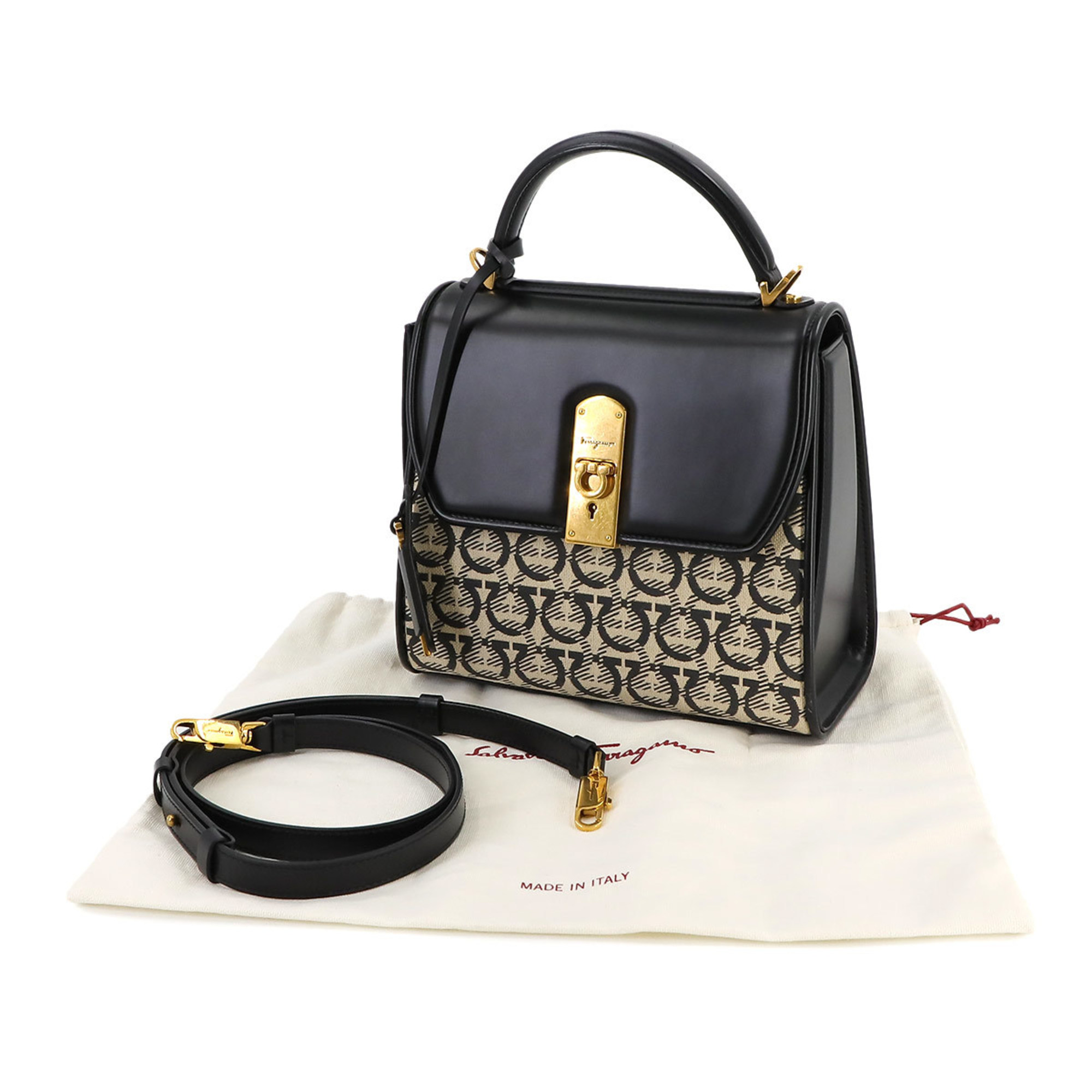 Salvatore Ferragamo Gancini 2way hand shoulder bag leather canvas black grey ivory FZ-21 H849 gold hardware Bag